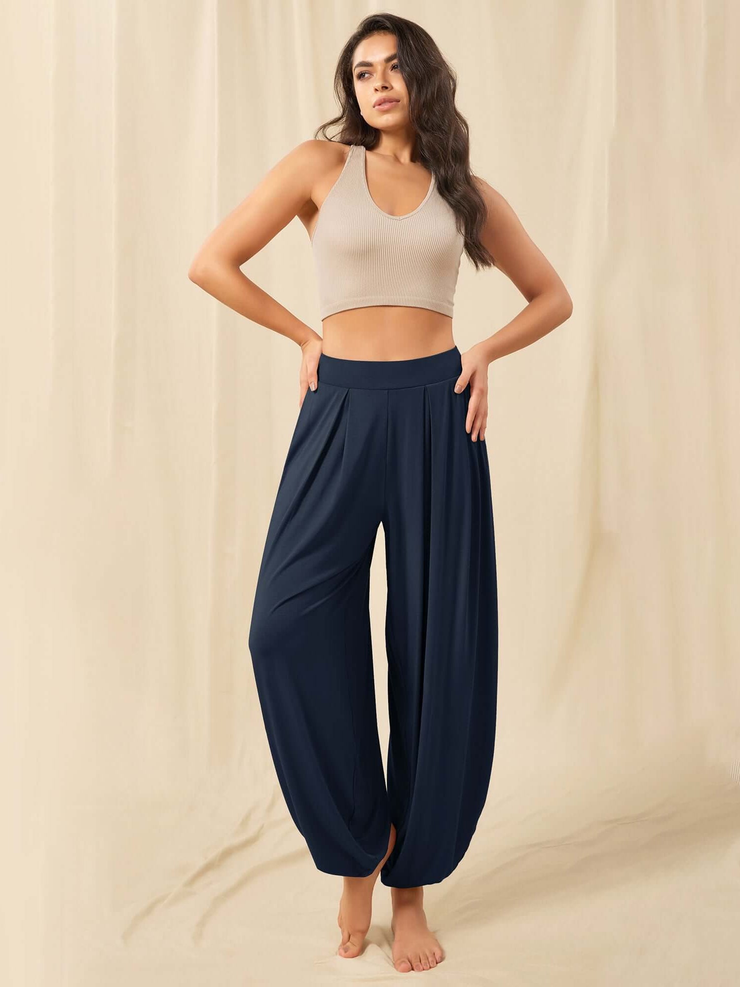 Women's Wide Leg Loose Draped Harem Pants with Pockets Midnight - ododos