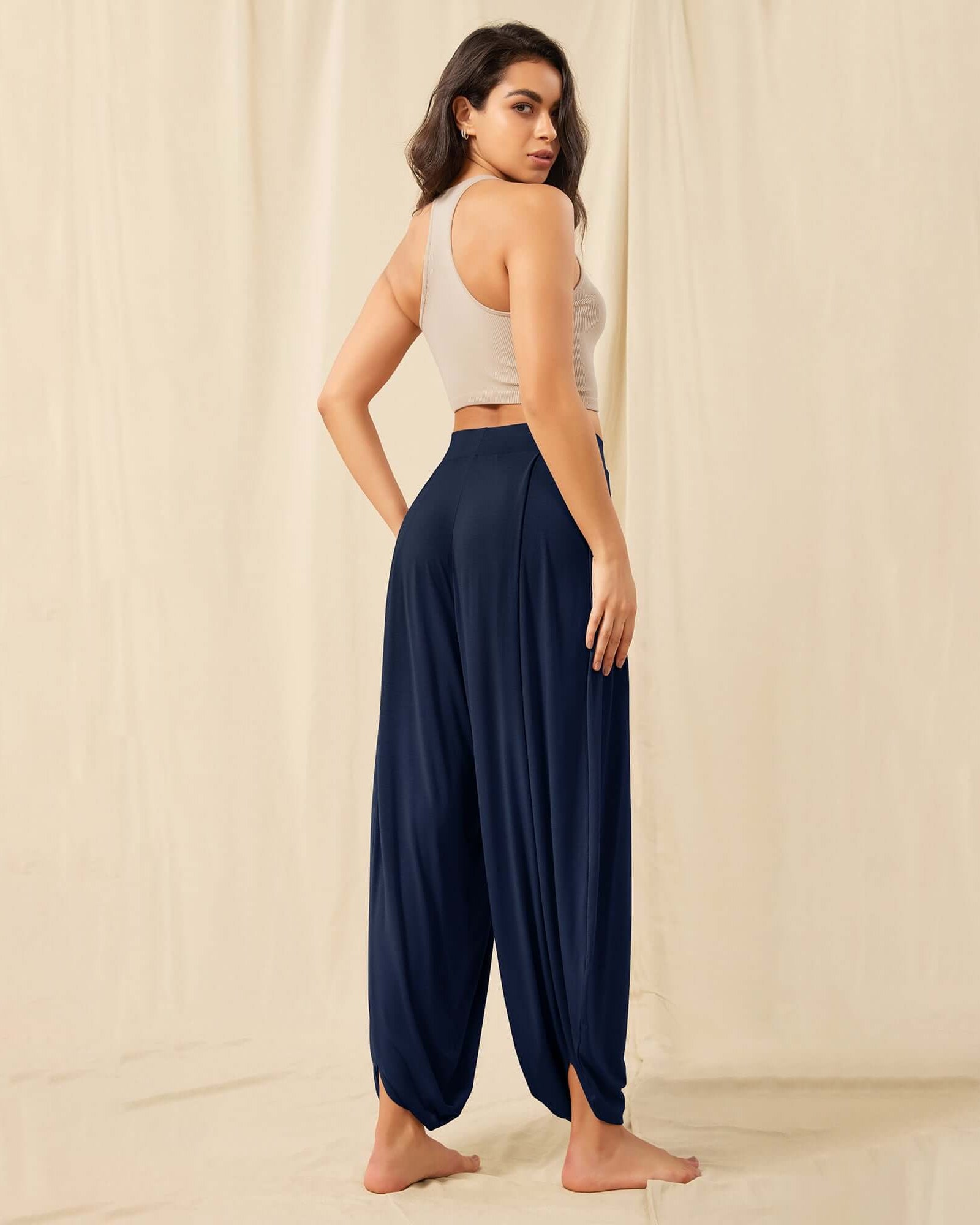 Women's Wide Leg Loose Draped Harem Pants with Pockets - ododos