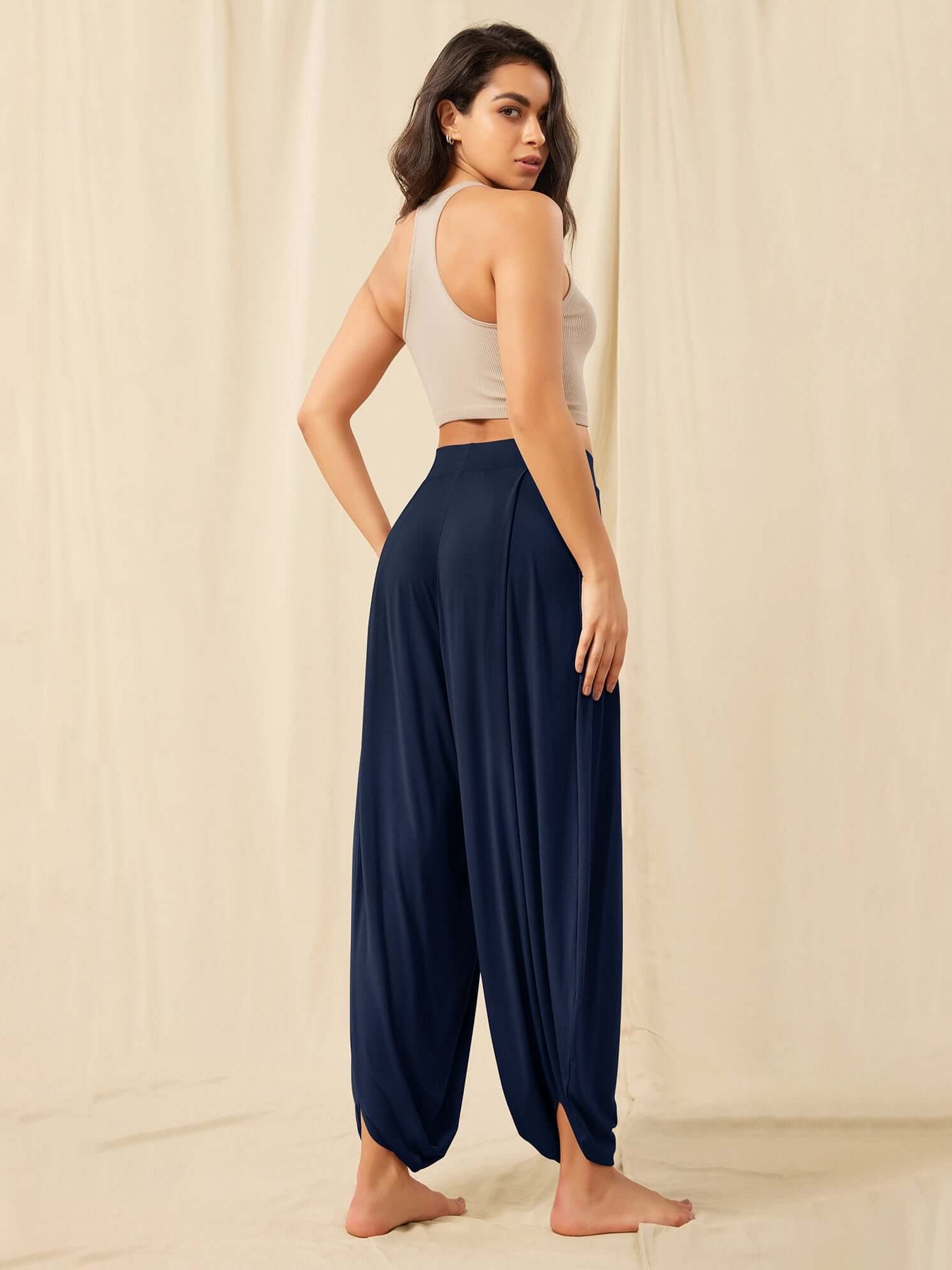 Women's Wide Leg Loose Draped Harem Pants with Pockets - ododos