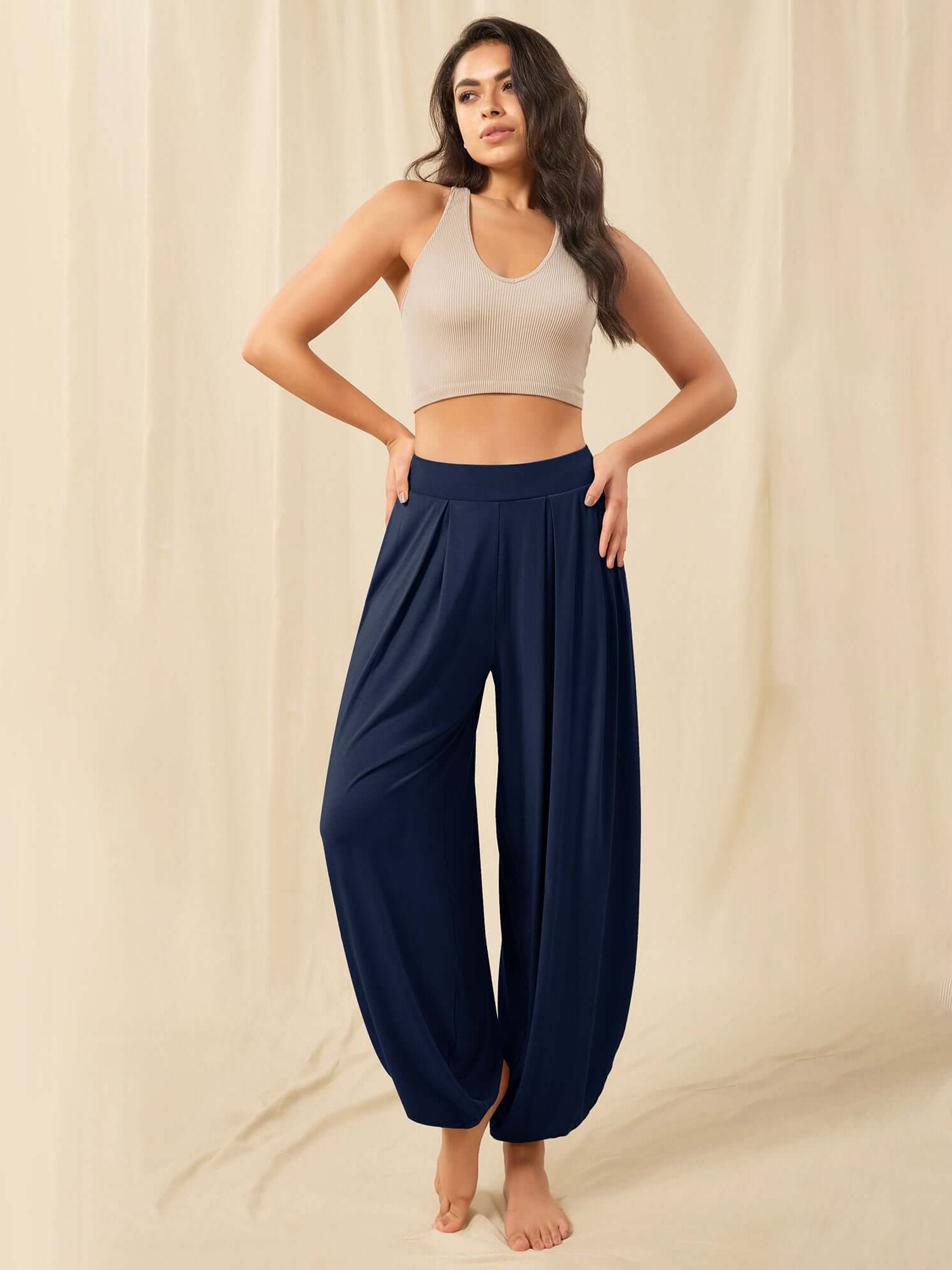 Women's Wide Leg Loose Draped Harem Pants with Pockets Navy - ododos
