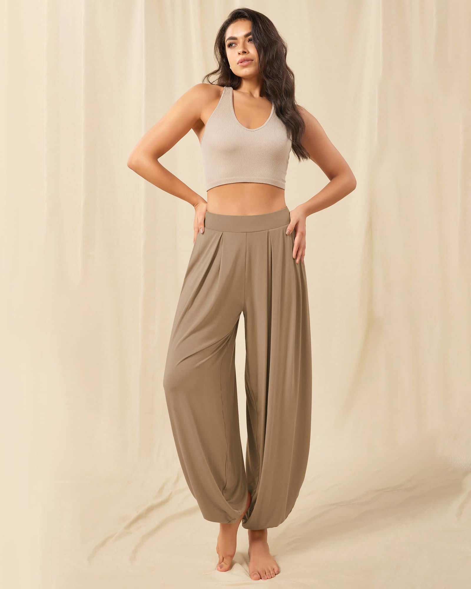 Women's Wide Leg Loose Draped Harem Pants with Pockets Peanut - ododos