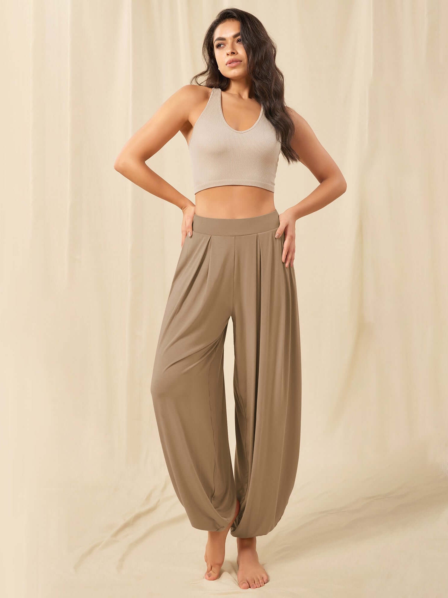Women's Wide Leg Loose Draped Harem Pants with Pockets Peanut - ododos