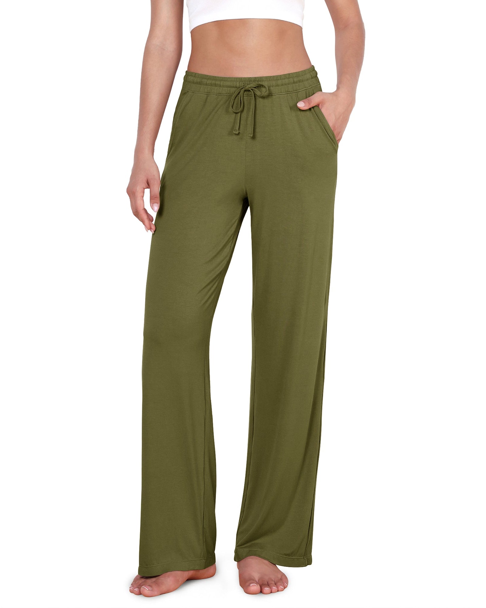 30 Drawstring Lightweight Loose Comfy Lounge Pants with Pockets Army Green - ododos