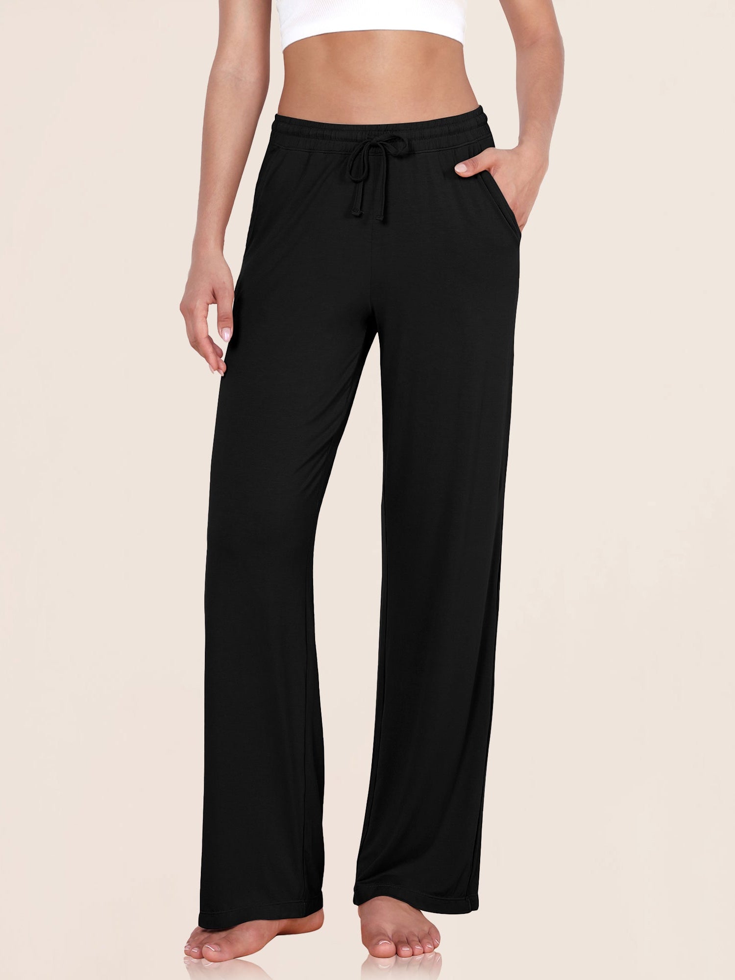 30 Drawstring Lightweight Loose Comfy Lounge Pants with Pockets Black - ododos