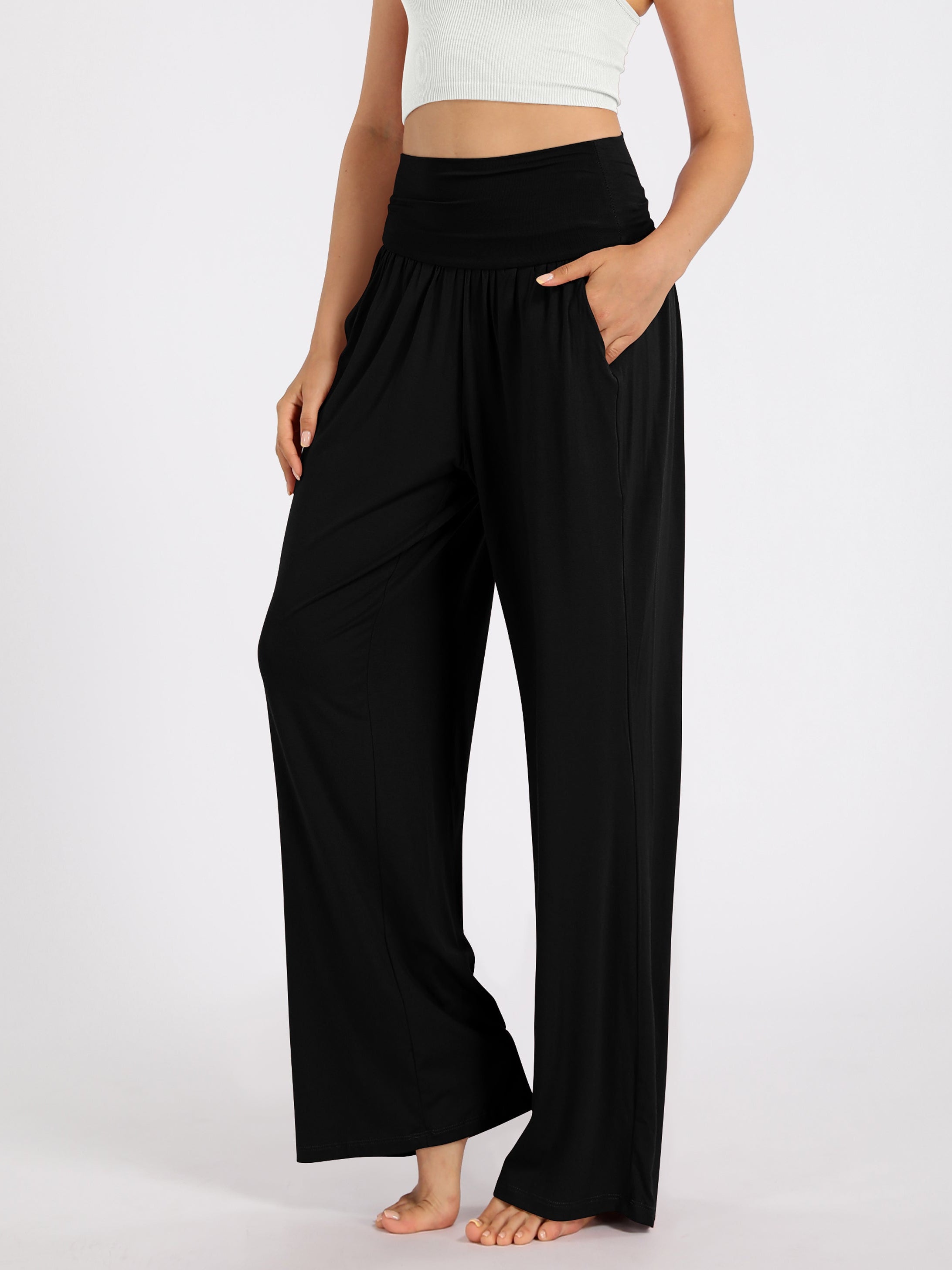 28 Wide Leg Palazzo Loose Comfy Lounge Pants with Pockets Black - ododos