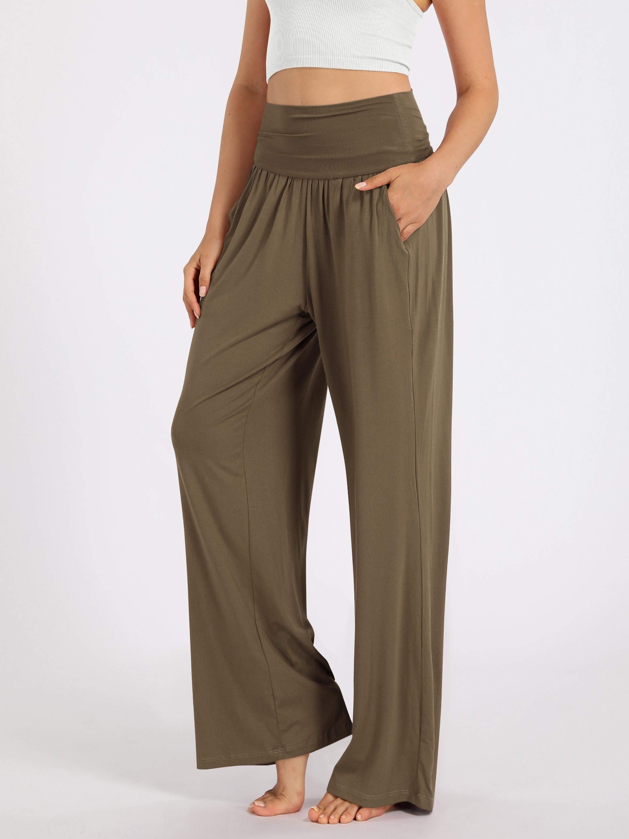 28 Wide Leg Palazzo Loose Comfy Lounge Pants with Pockets Brownie - ododos