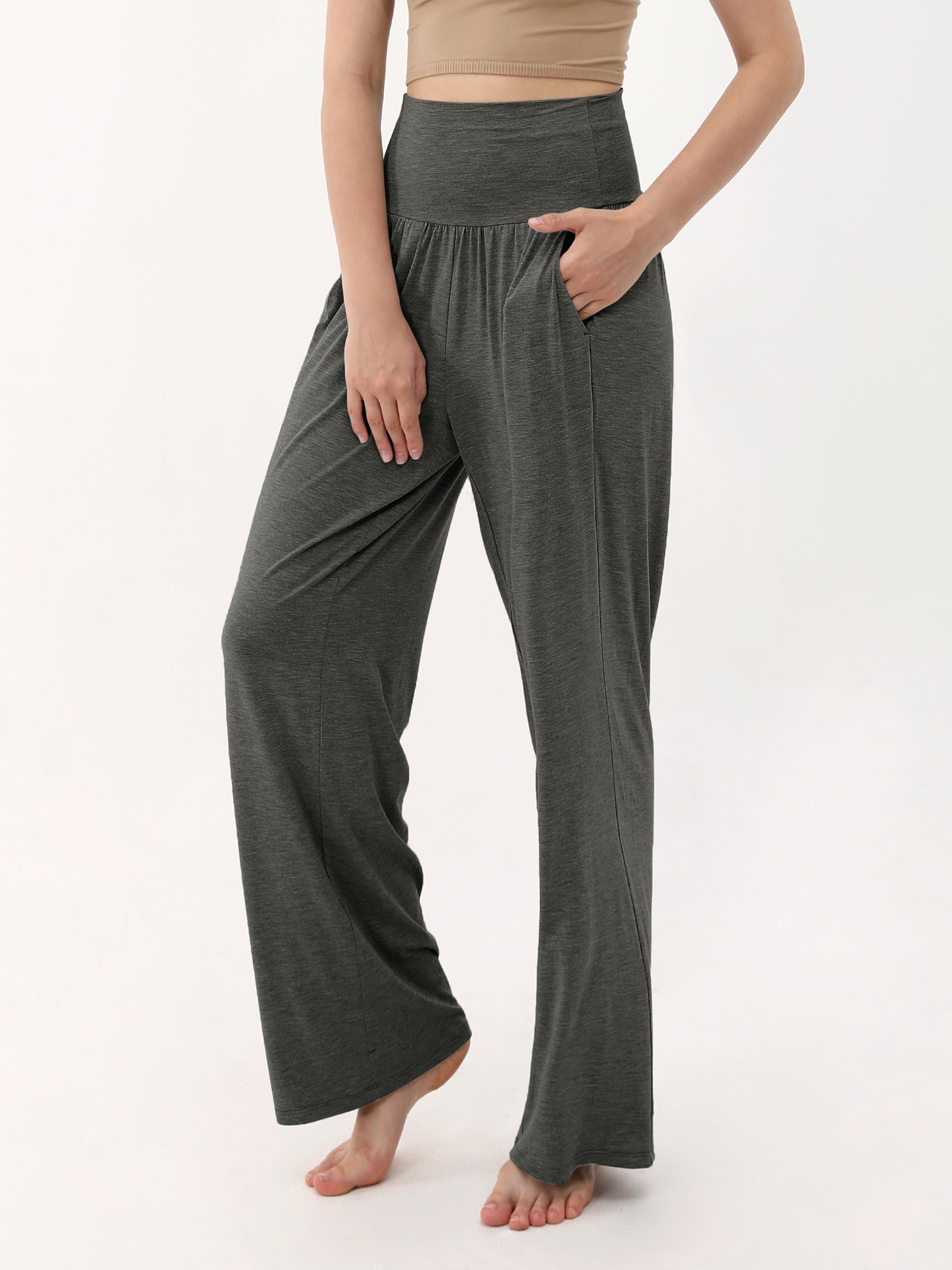 28 Wide Leg Palazzo Loose Comfy Lounge Pants with Pockets Charcoal Heather - ododos