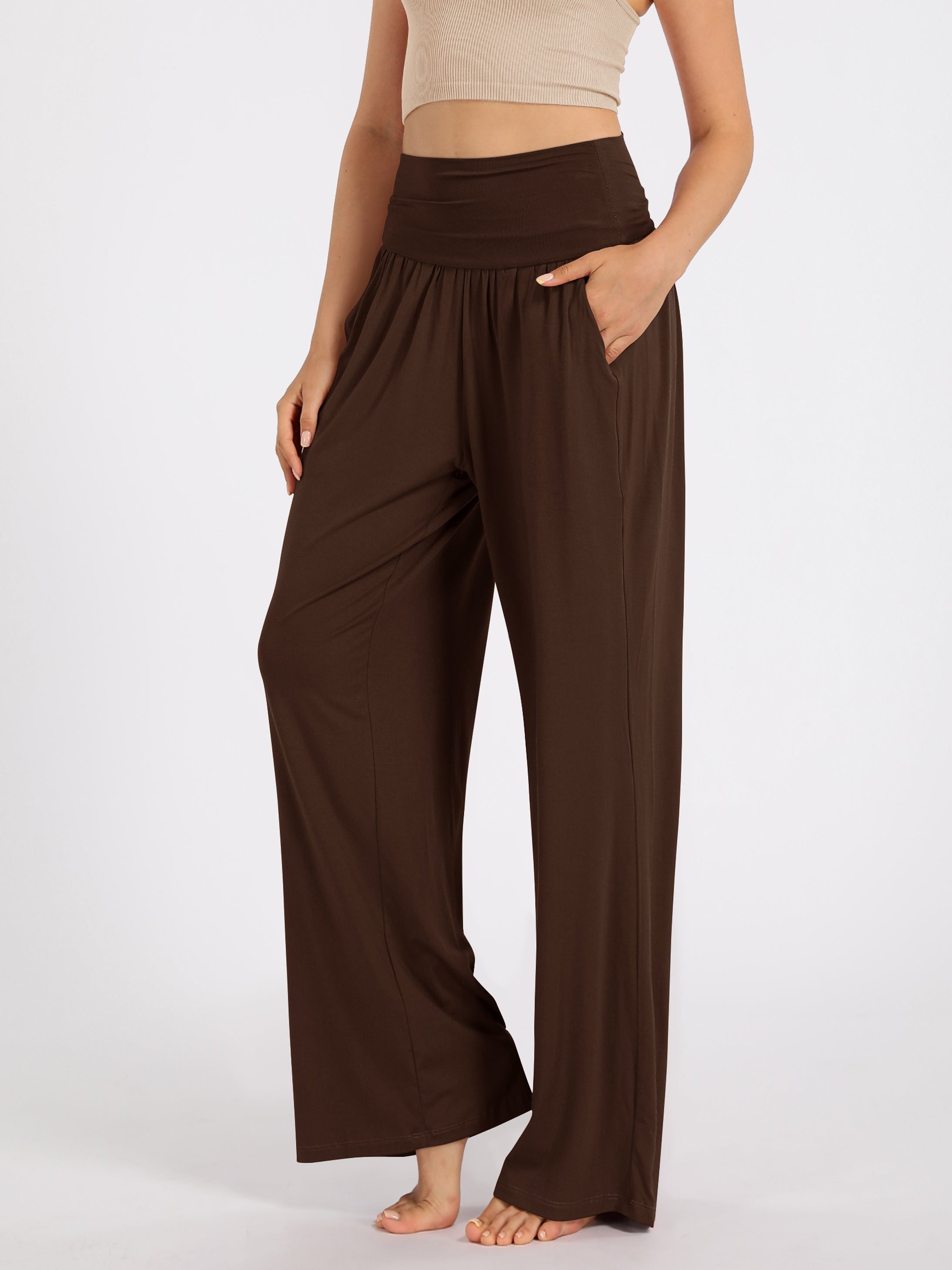 28 Wide Leg Palazzo Loose Comfy Lounge Pants with Pockets Chocolate - ododos
