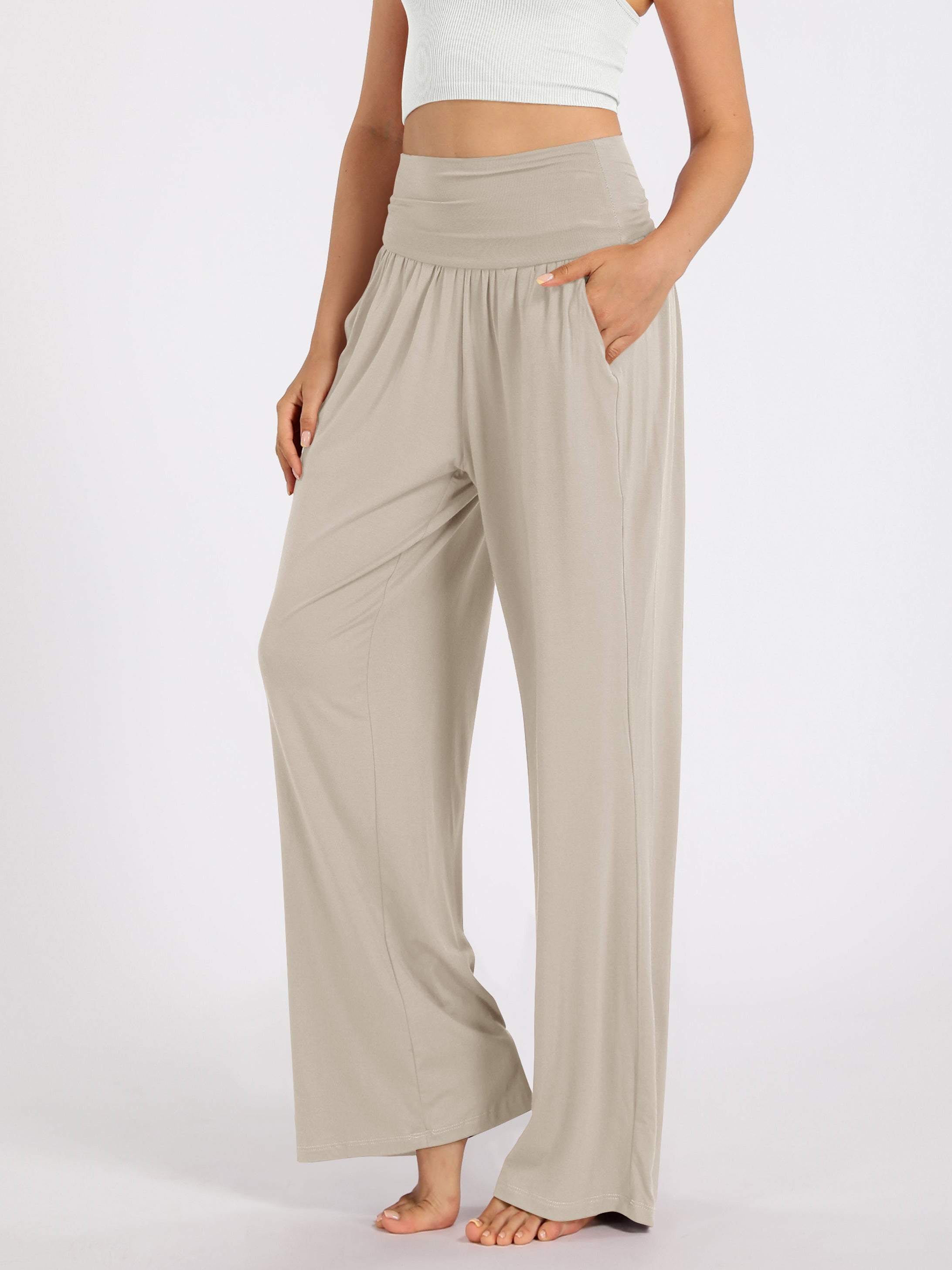 28 Wide Leg Palazzo Loose Comfy Lounge Pants with Pockets Light Beige - ododos