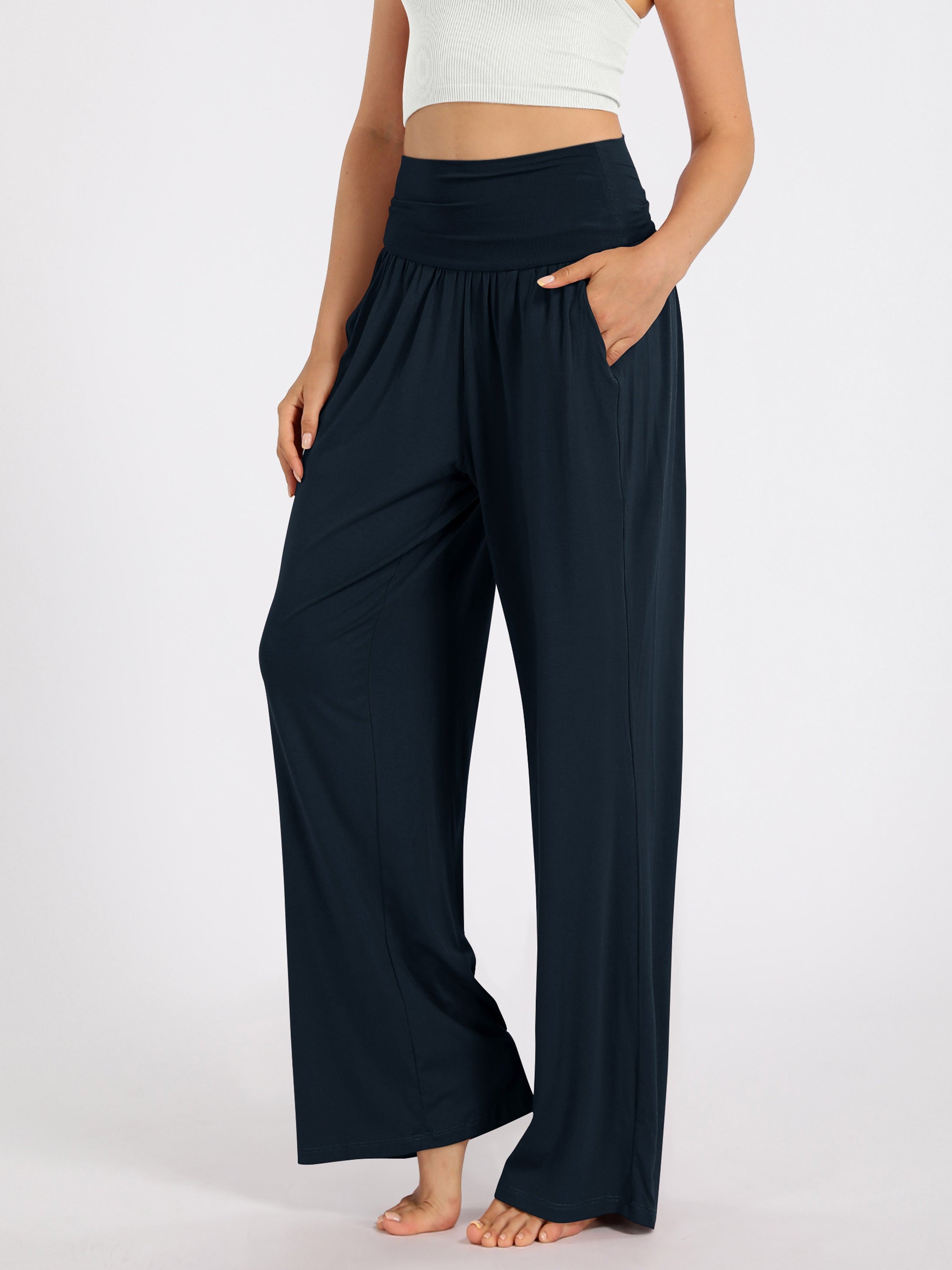 28 Wide Leg Palazzo Loose Comfy Lounge Pants with Pockets Midnight - ododos
