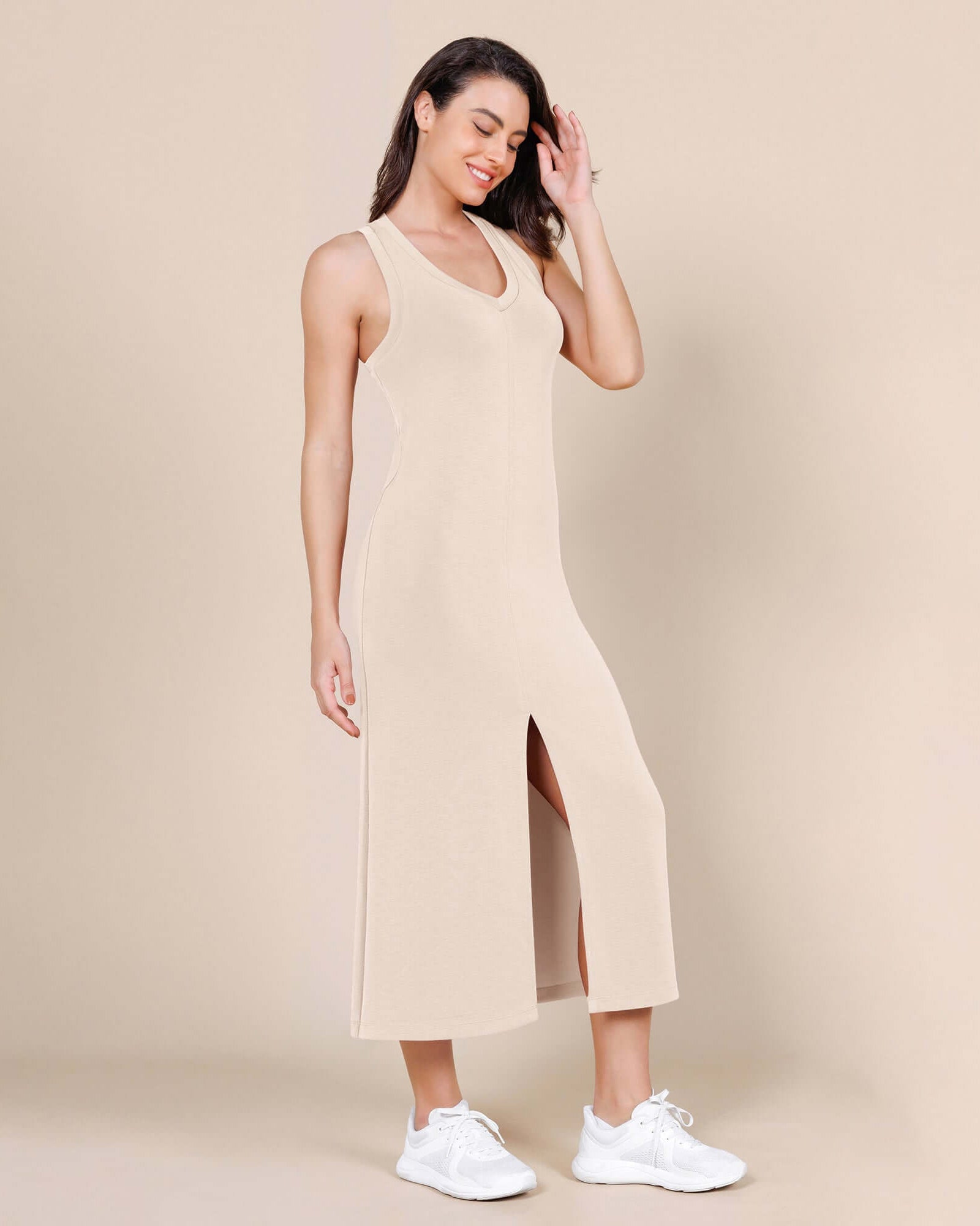 Modal Soft Front Split V Neck Midi Tank Dress - ododos