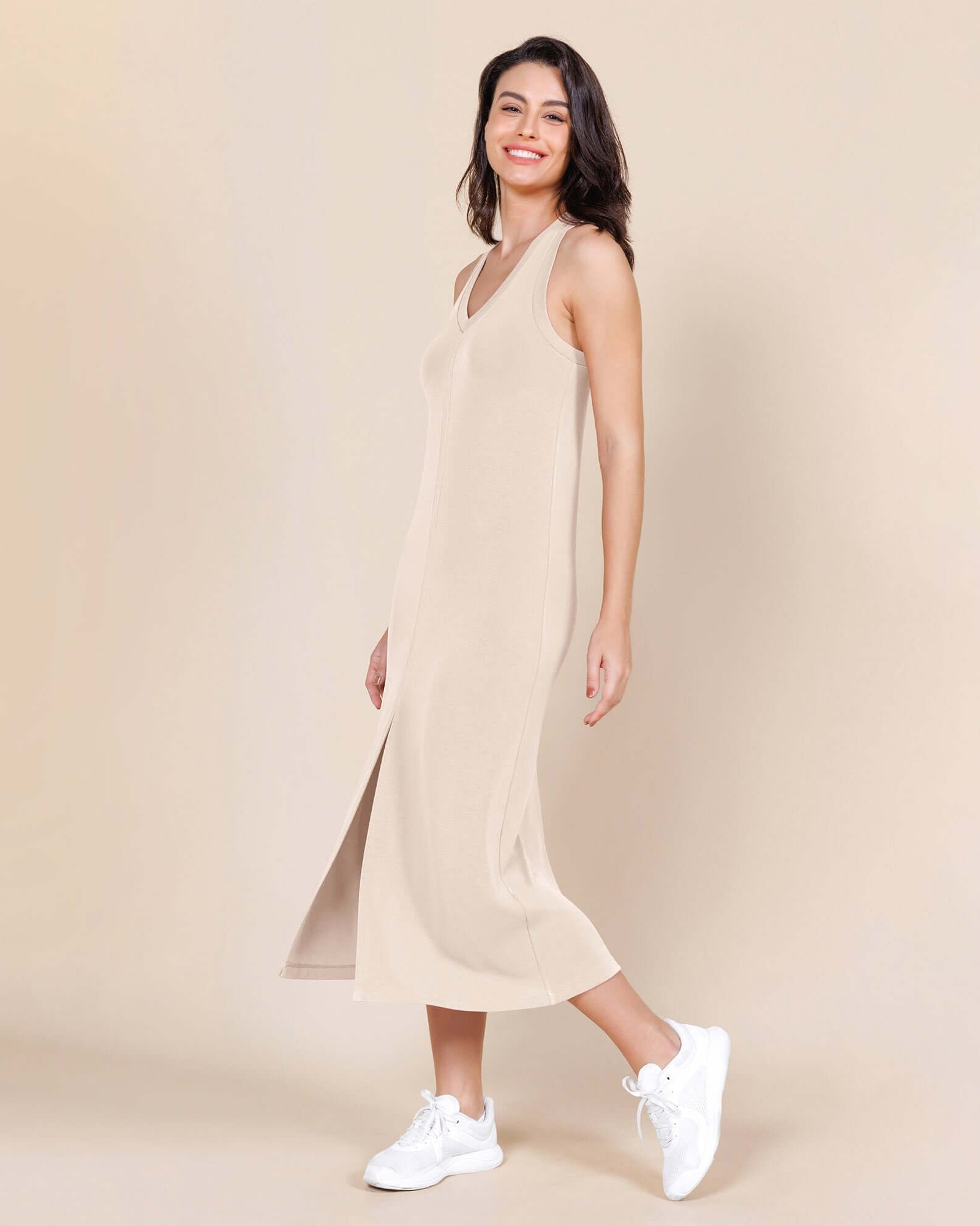 Modal Soft Front Split V Neck Midi Tank Dress - ododos