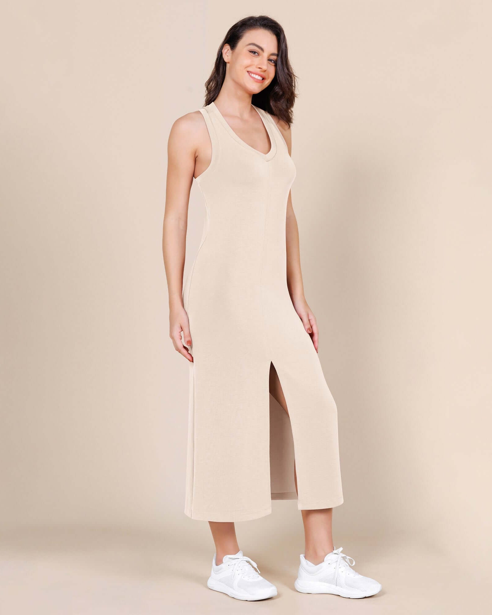 Modal Soft Front Split V Neck Midi Tank Dress Beige - ododos