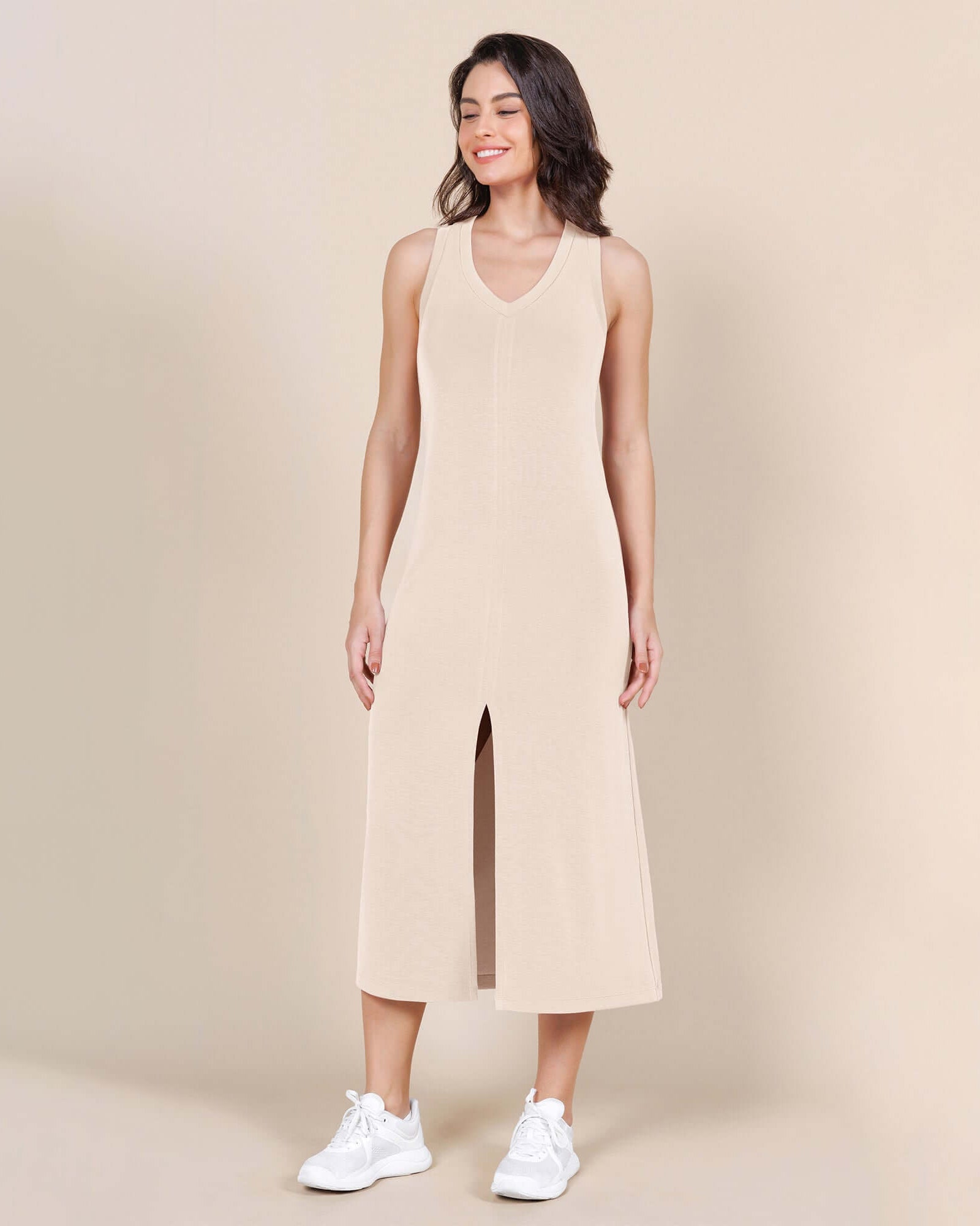 Modal Soft Front Split V Neck Midi Tank Dress - ododos