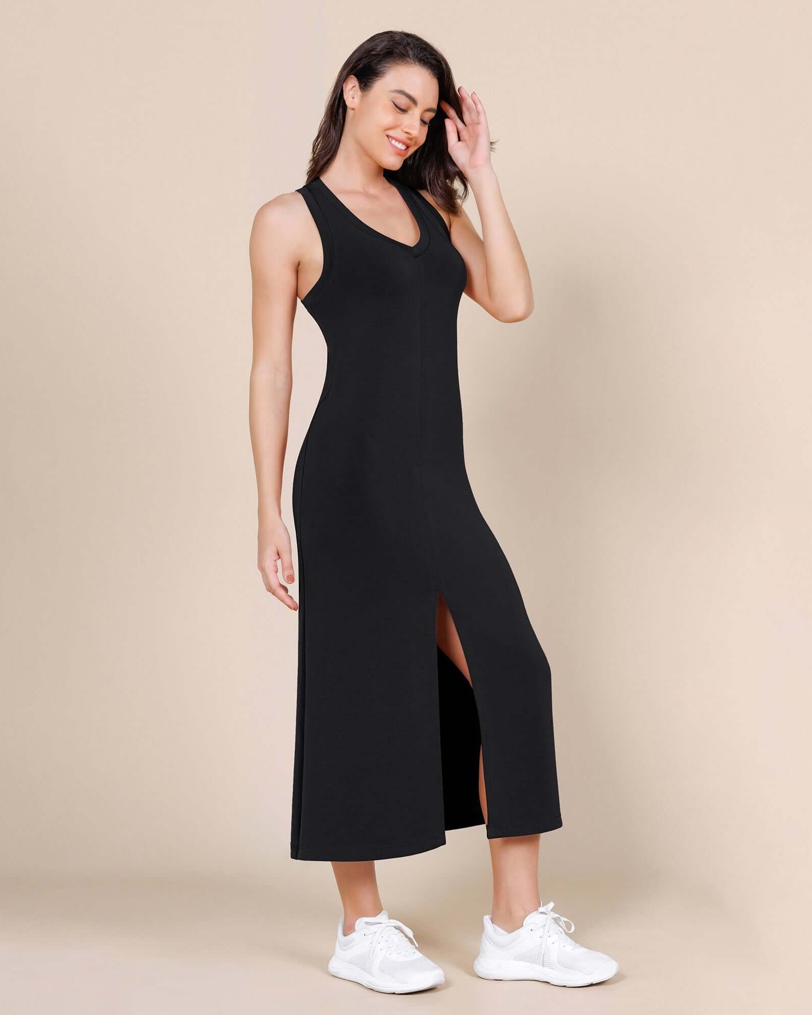 Modal Soft Front Split V Neck Midi Tank Dress - ododos