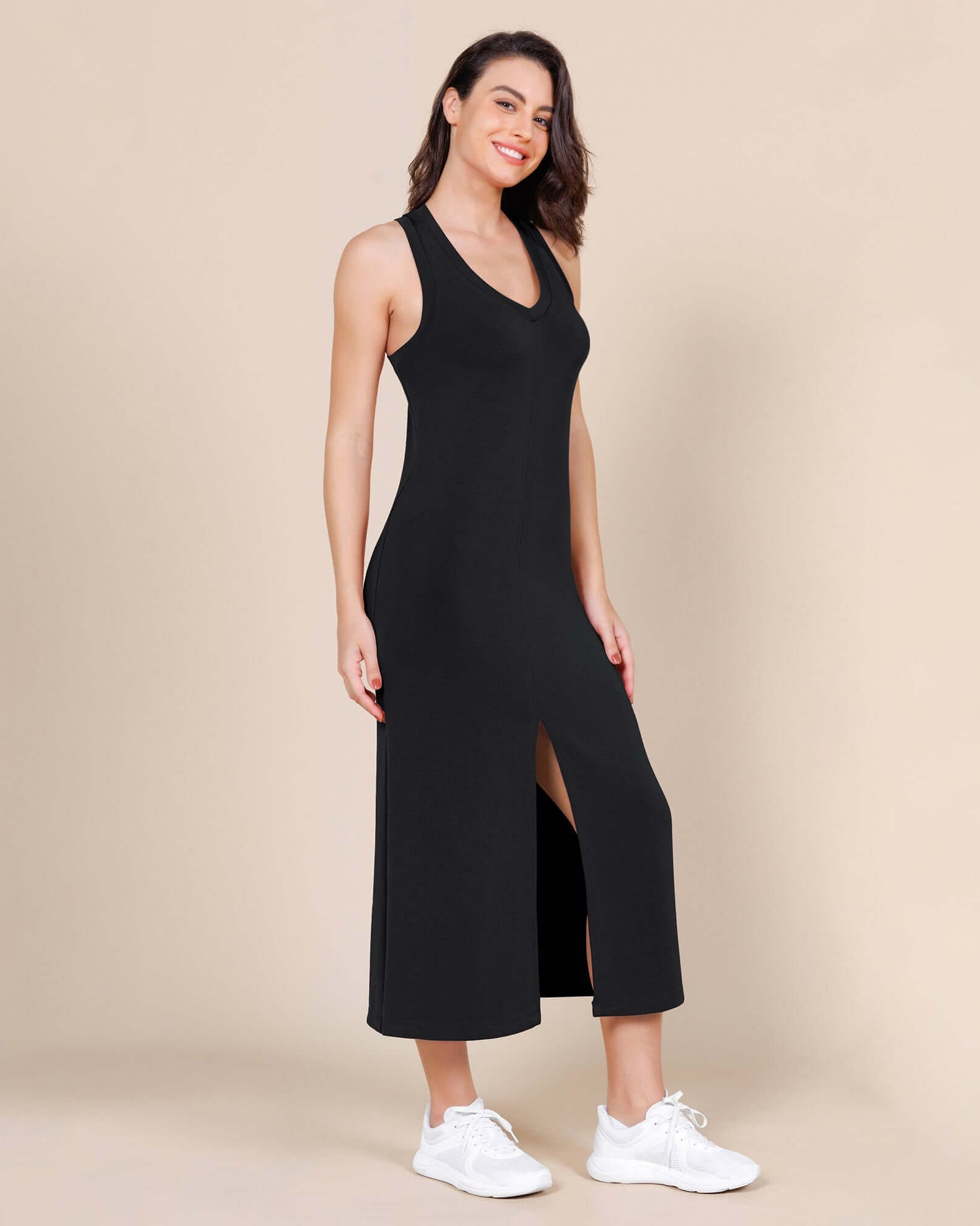 Modal Soft Front Split V Neck Midi Tank Dress Black - ododos