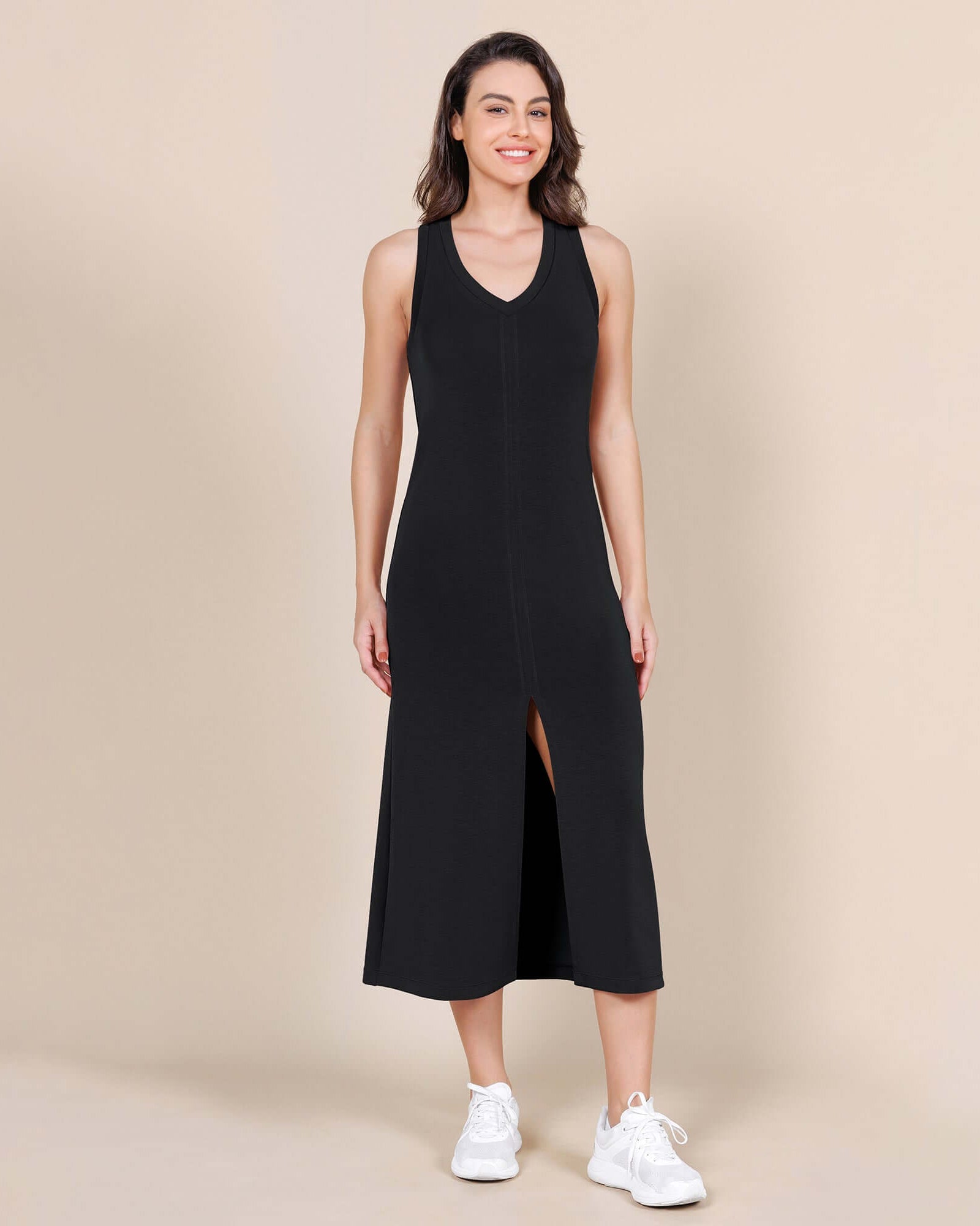 Modal Soft Front Split V Neck Midi Tank Dress - ododos