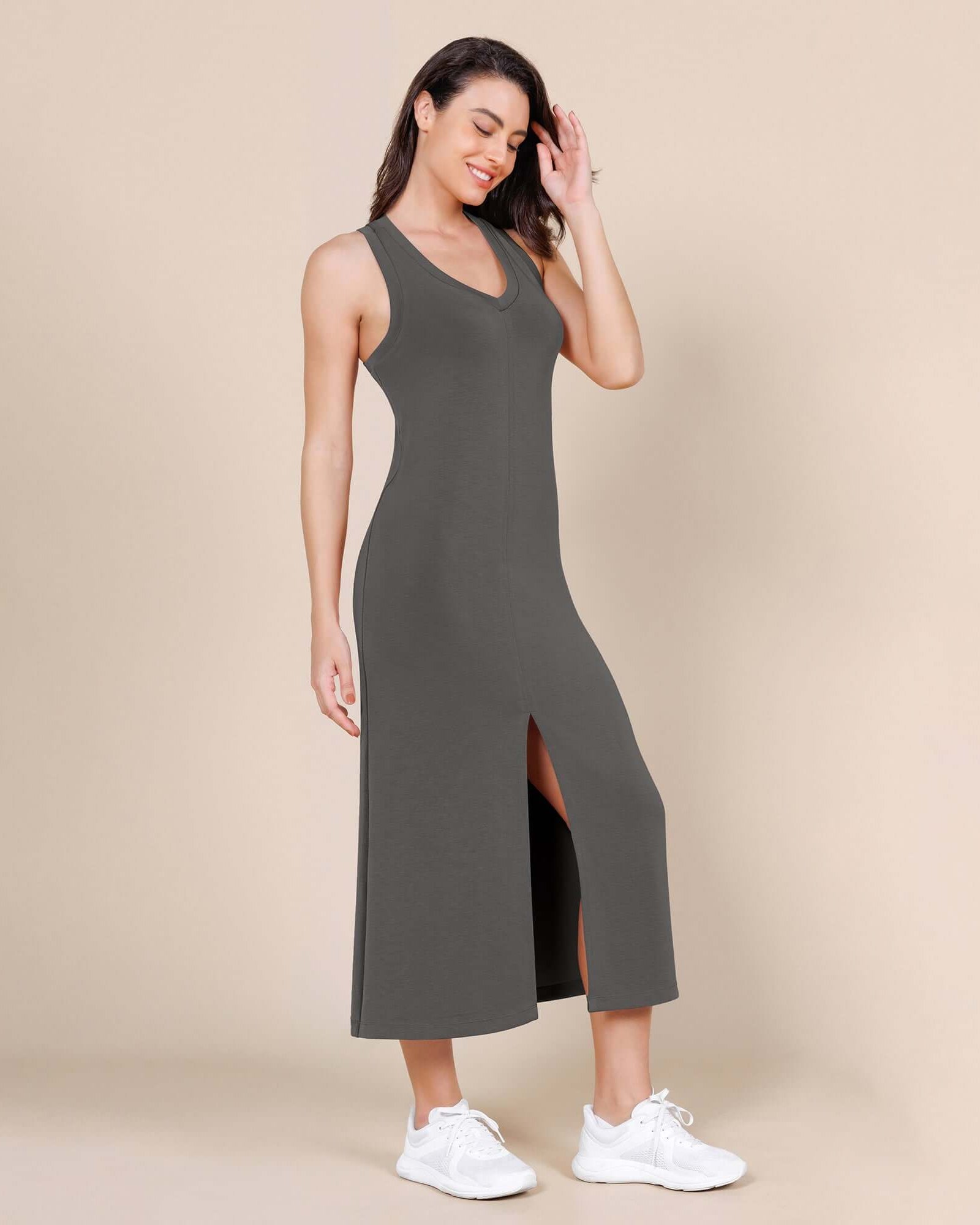 Modal Soft Front Split V Neck Midi Tank Dress Charcoal - ododos