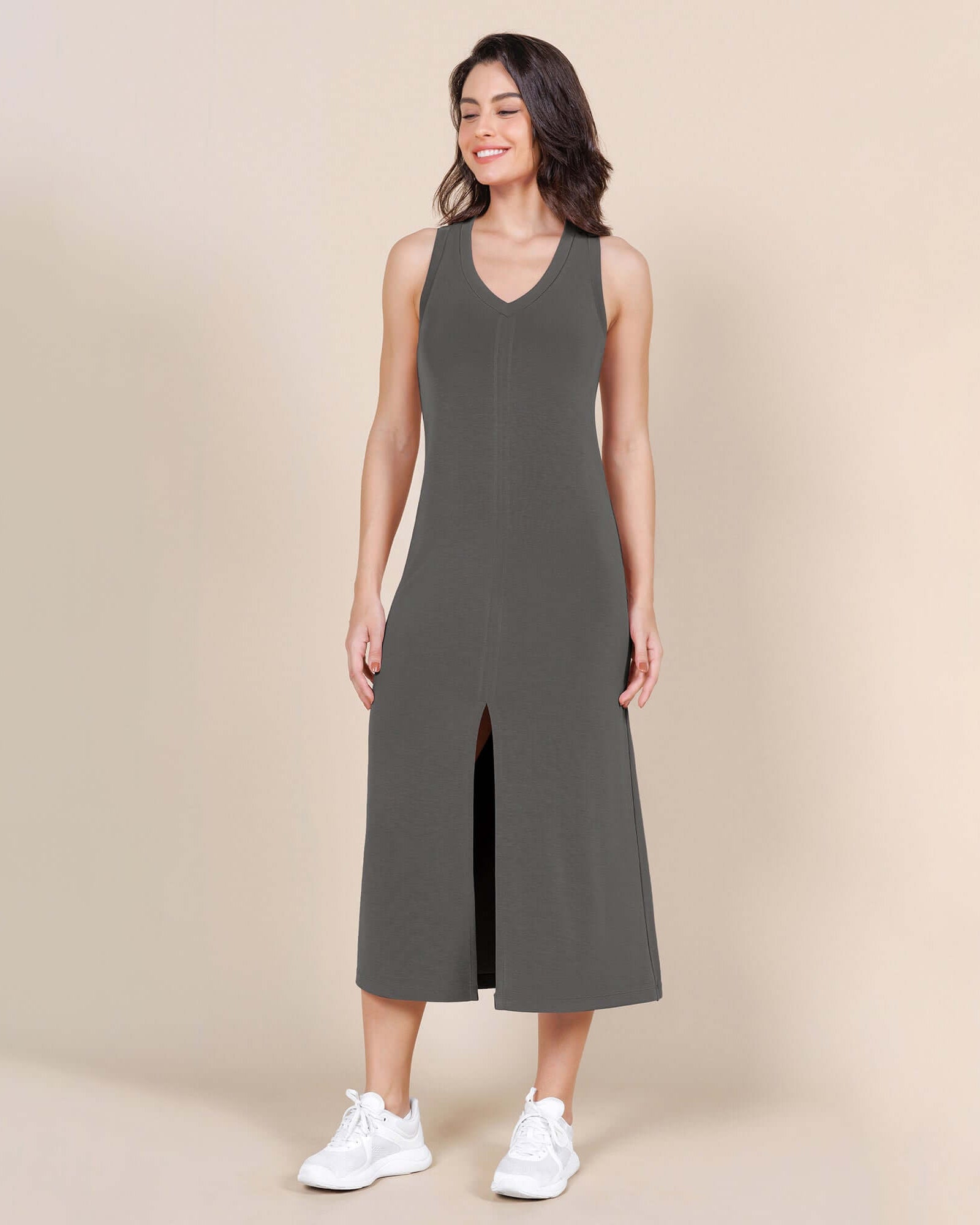 Modal Soft Front Split V Neck Midi Tank Dress - ododos