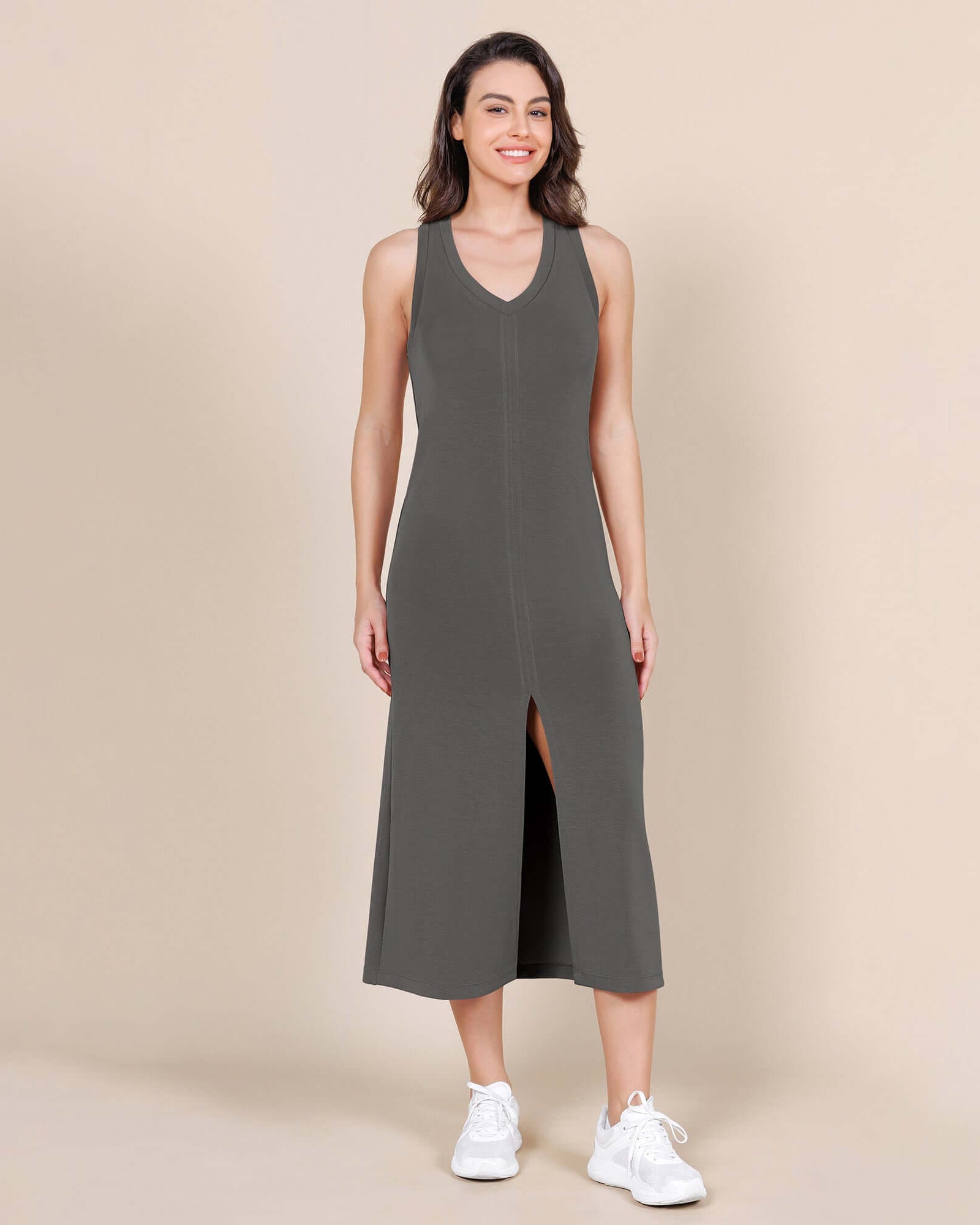 Modal Soft Front Split V Neck Midi Tank Dress - ododos