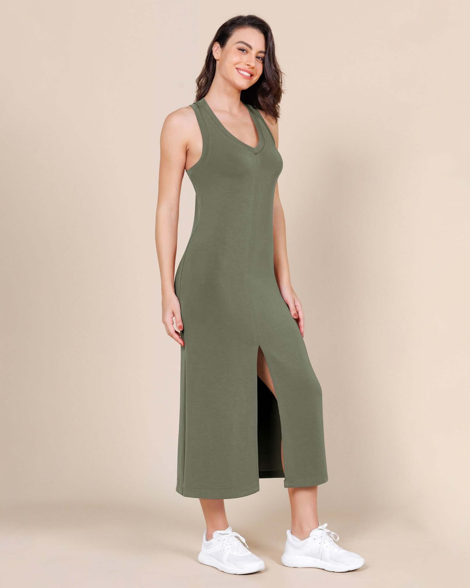 Modal Soft Front Split V Neck Midi Tank Dress Dark Sage - ododos