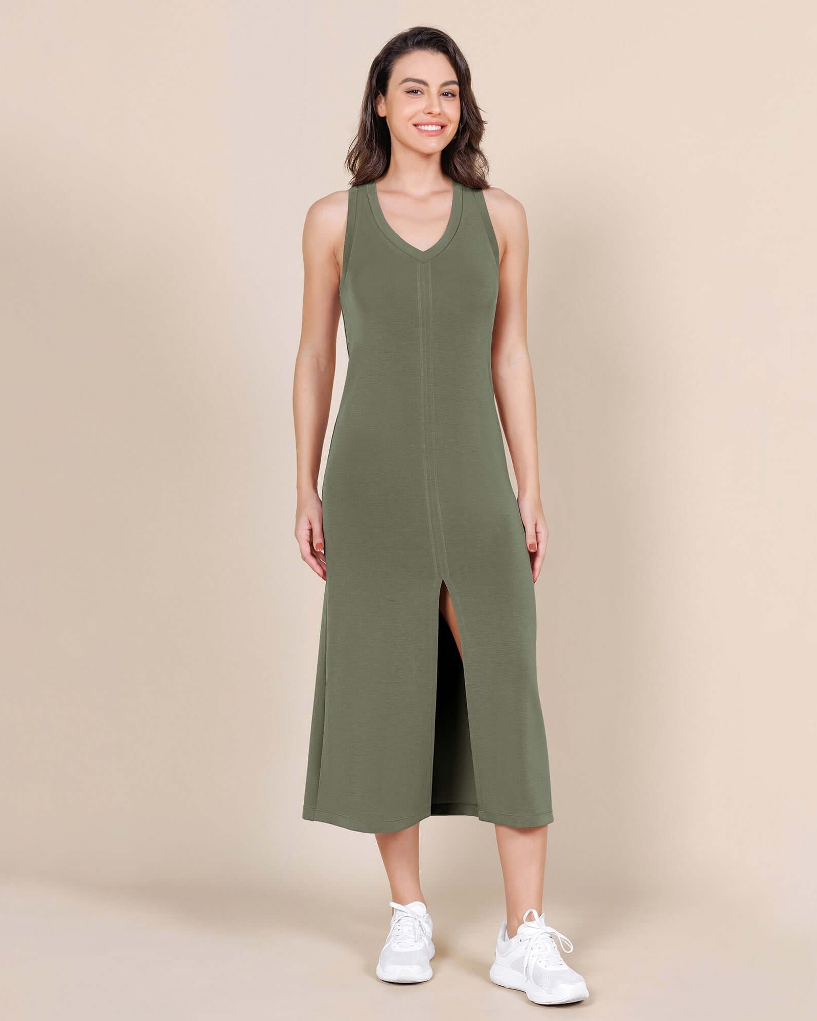 Modal Soft Front Split V Neck Midi Tank Dress - ododos