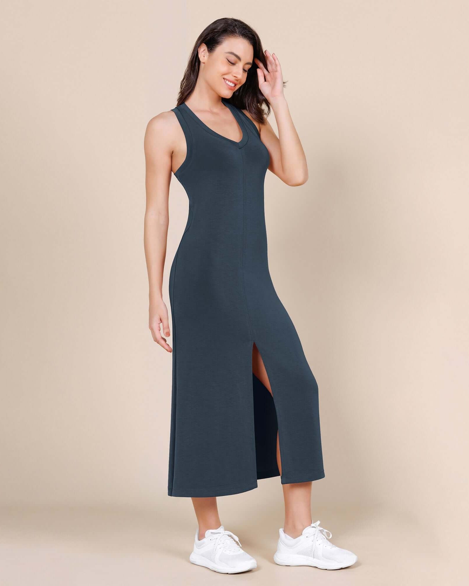 Modal Soft Front Split V Neck Midi Tank Dress - ododos