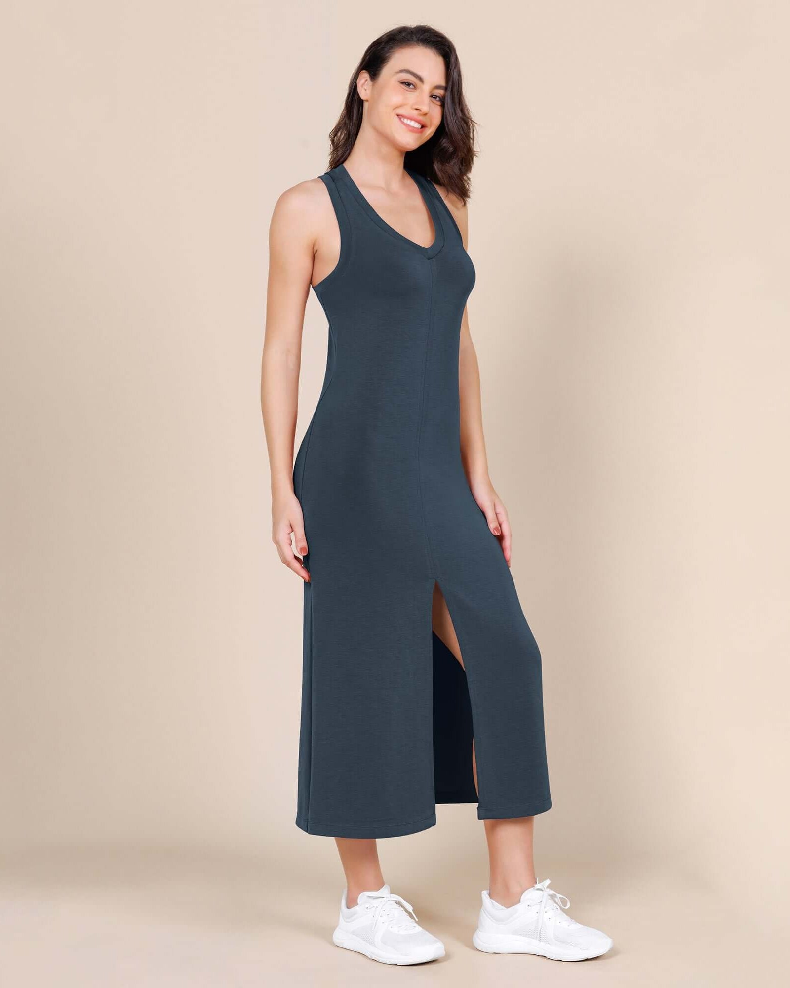 Modal Soft Front Split V Neck Midi Tank Dress Deep Blue - ododos
