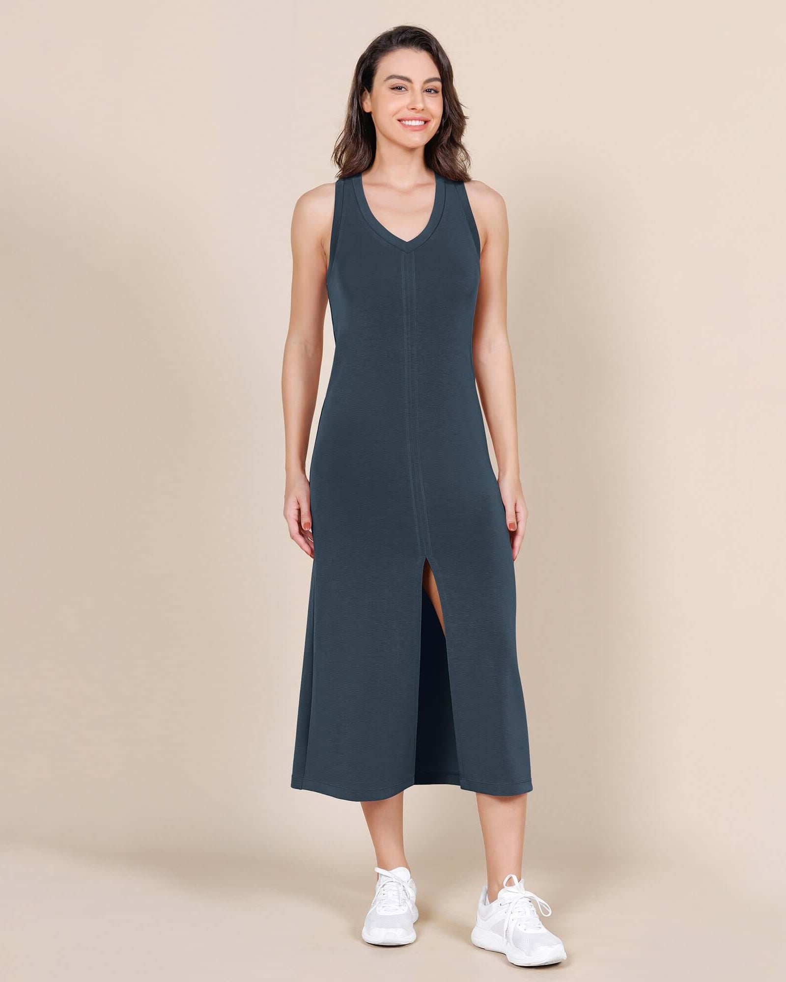 Modal Soft Front Split V Neck Midi Tank Dress - ododos
