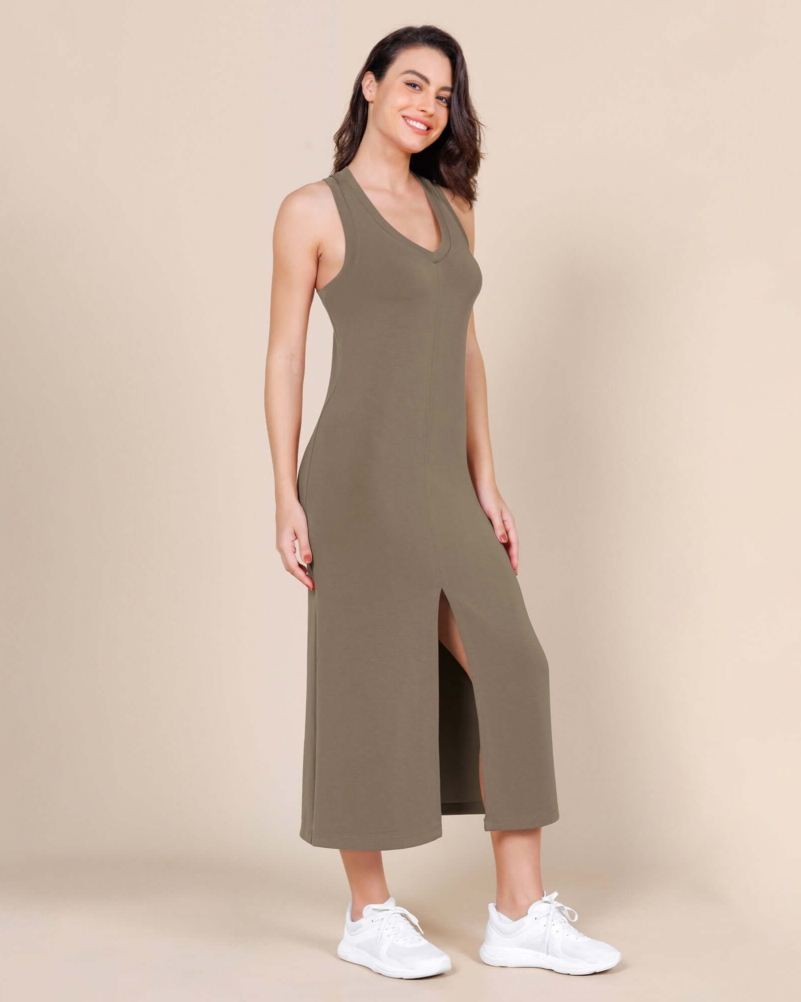 Modal Soft Front Split V Neck Midi Tank Dress Espresso - ododos
