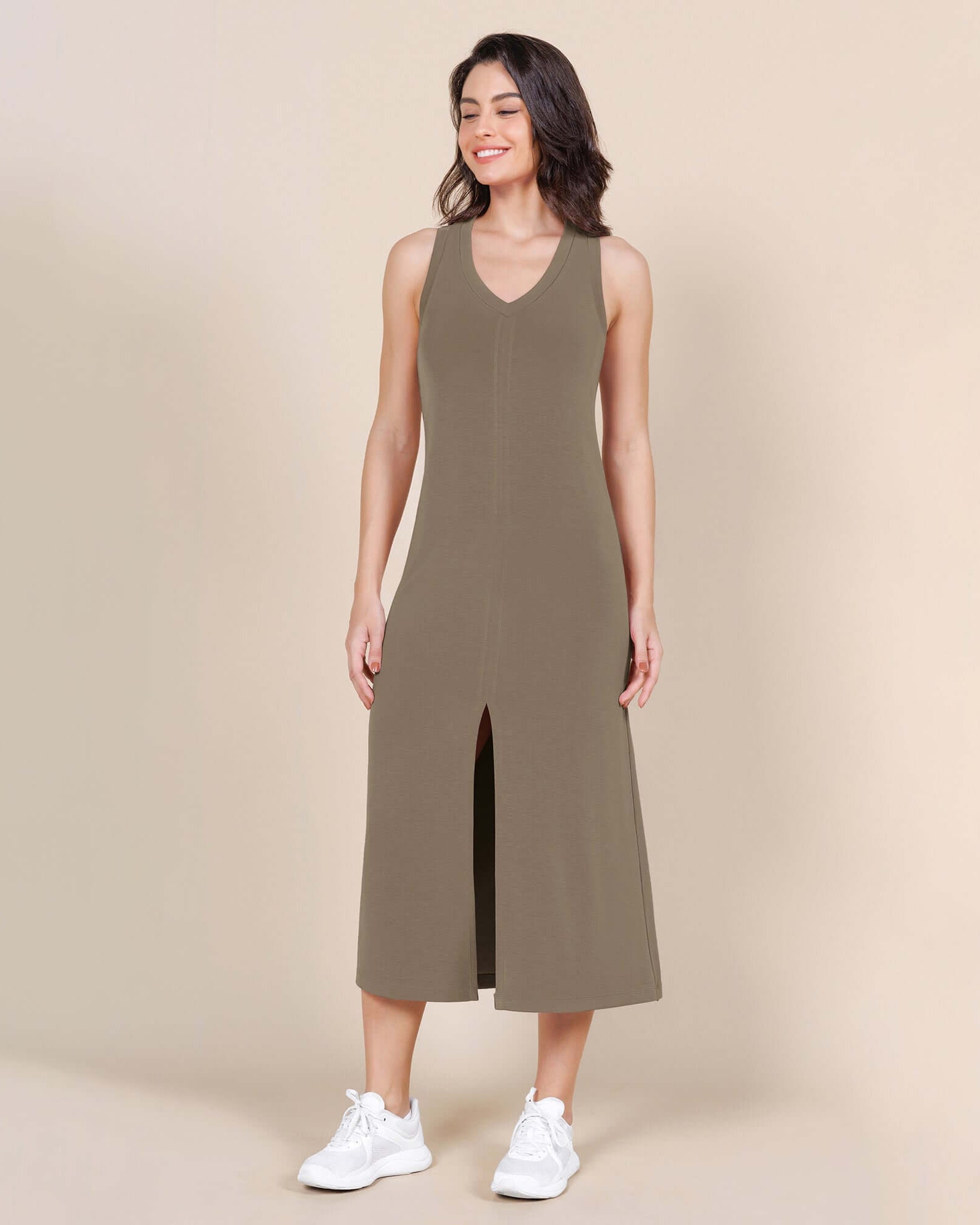 Modal Soft Front Split V Neck Midi Tank Dress - ododos