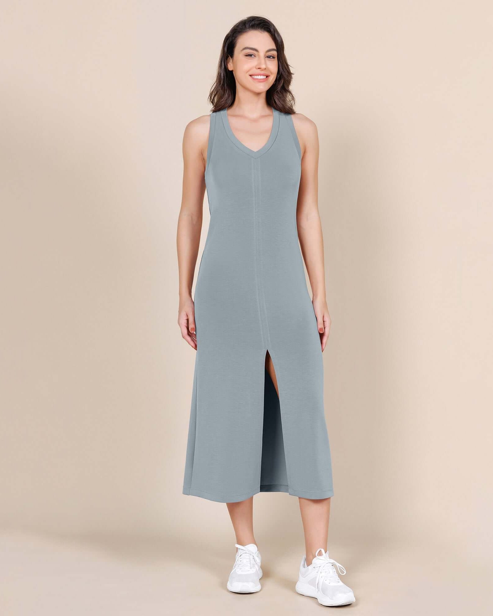 Modal Soft Front Split V Neck Midi Tank Dress - ododos
