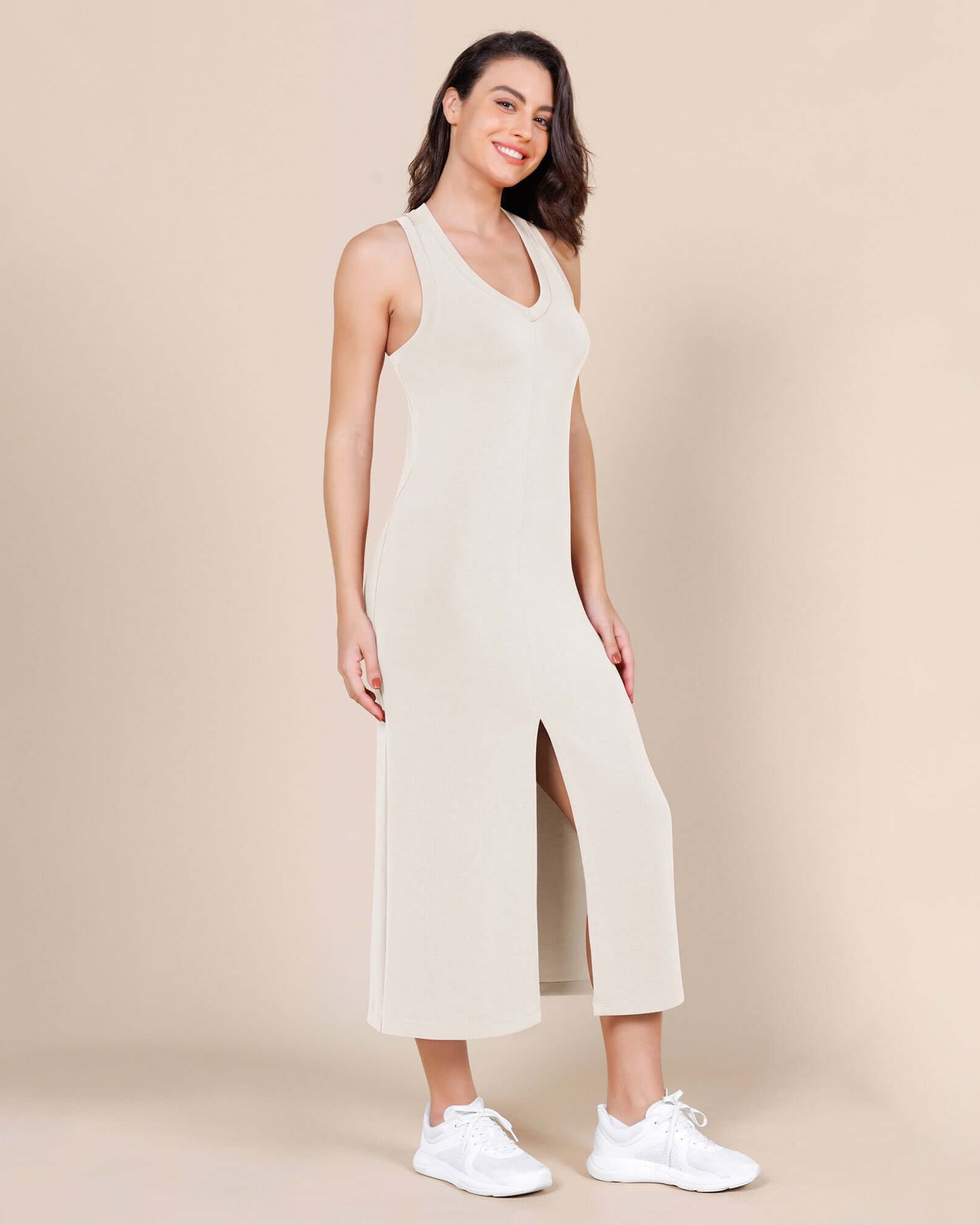 Modal Soft Front Split V Neck Midi Tank Dress Ivory - ododos