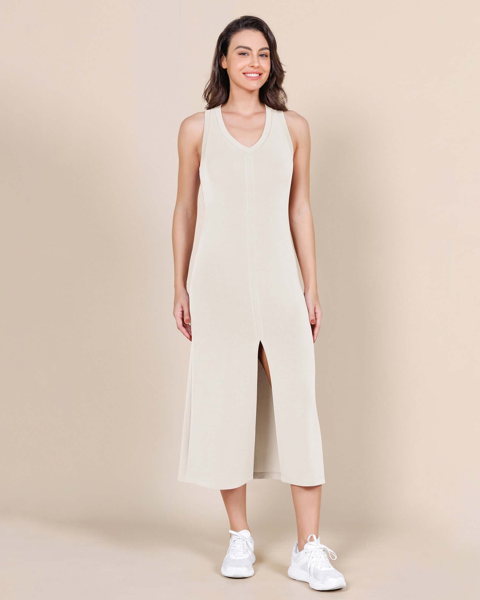 Modal Soft Front Split V Neck Midi Tank Dress - ododos