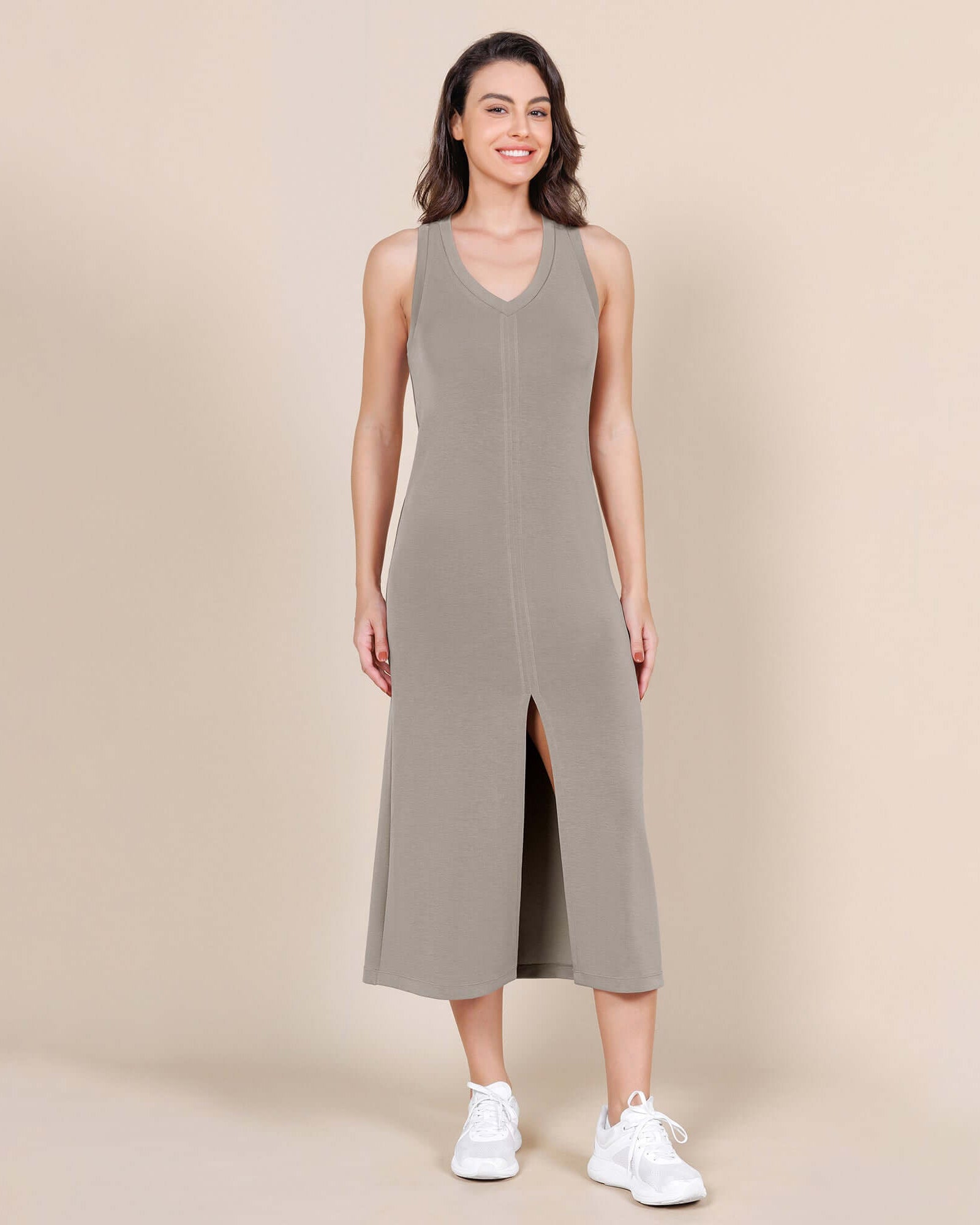 Modal Soft Front Split V Neck Midi Tank Dress - ododos