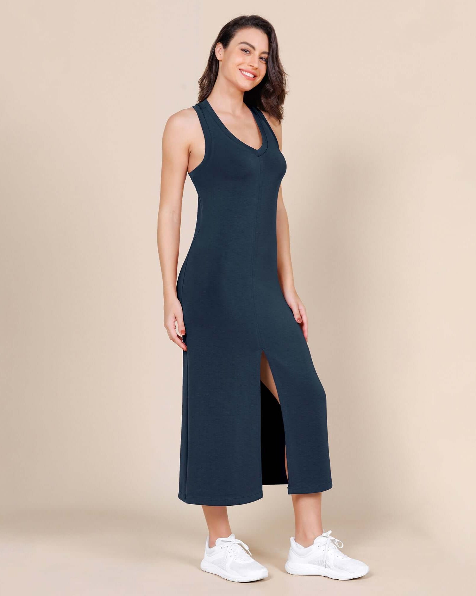 Modal Soft Front Split V Neck Midi Tank Dress Navy - ododos