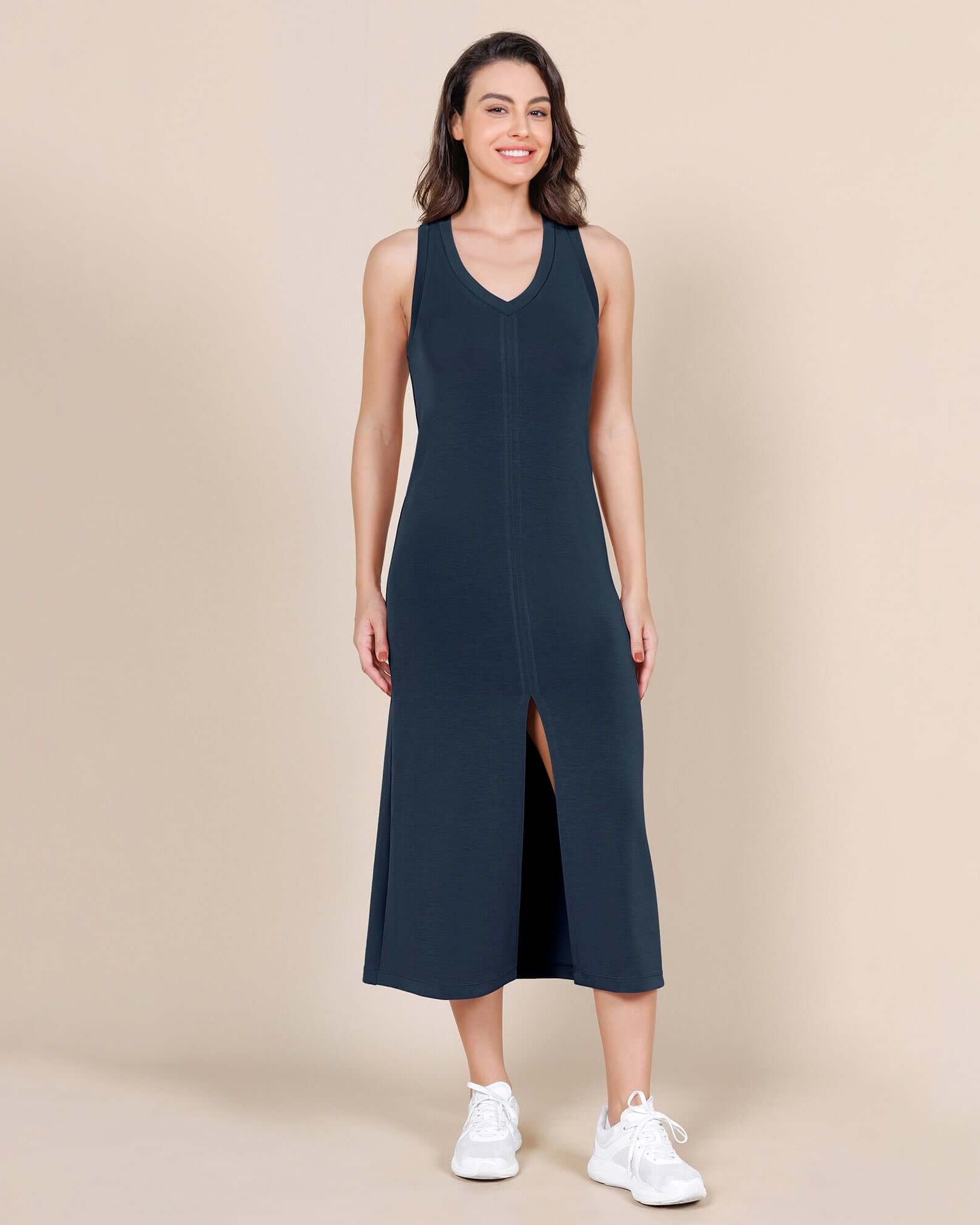 Modal Soft Front Split V Neck Midi Tank Dress - ododos