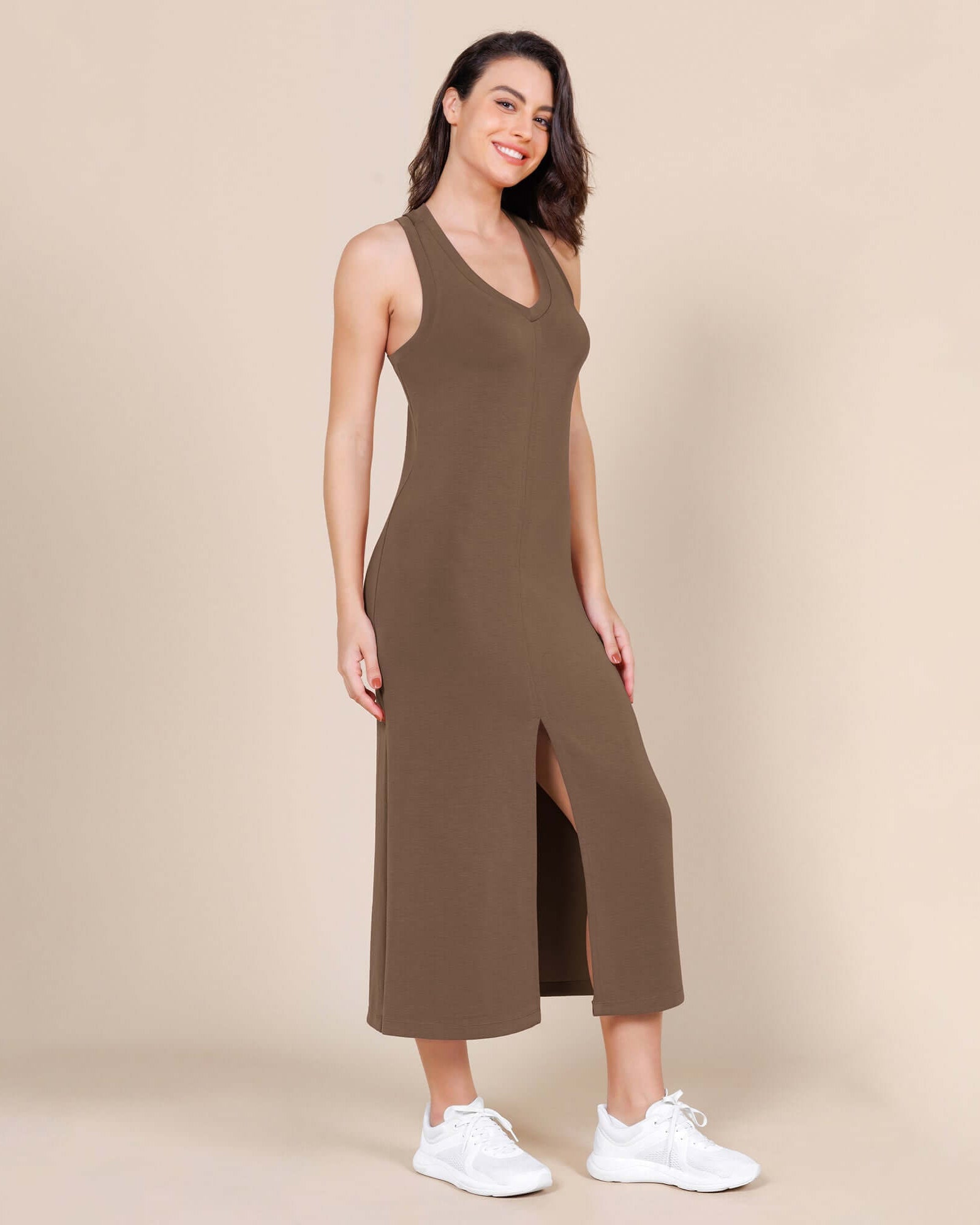Modal Soft Front Split V Neck Midi Tank Dress Nutria - ododos