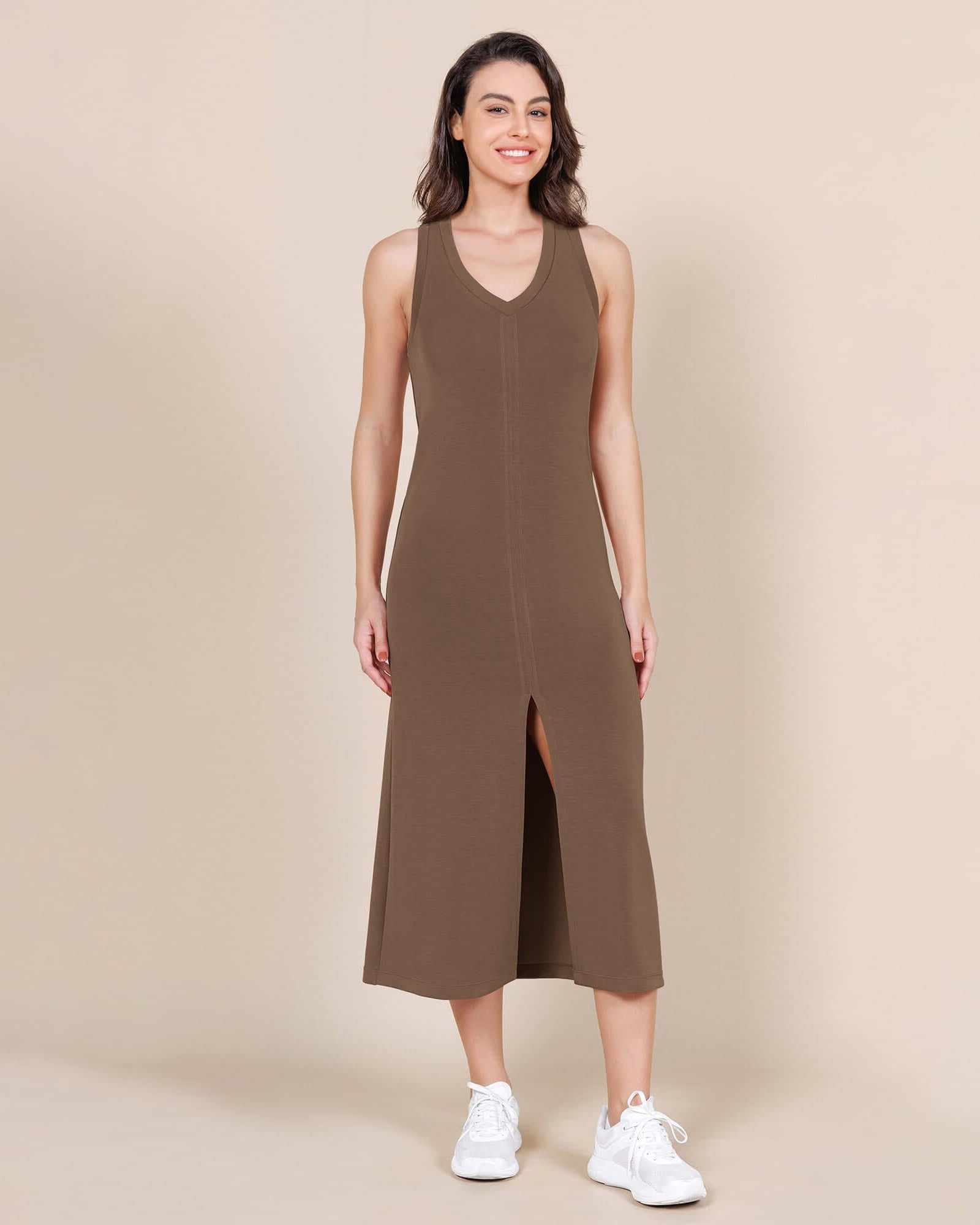 Modal Soft Front Split V Neck Midi Tank Dress - ododos