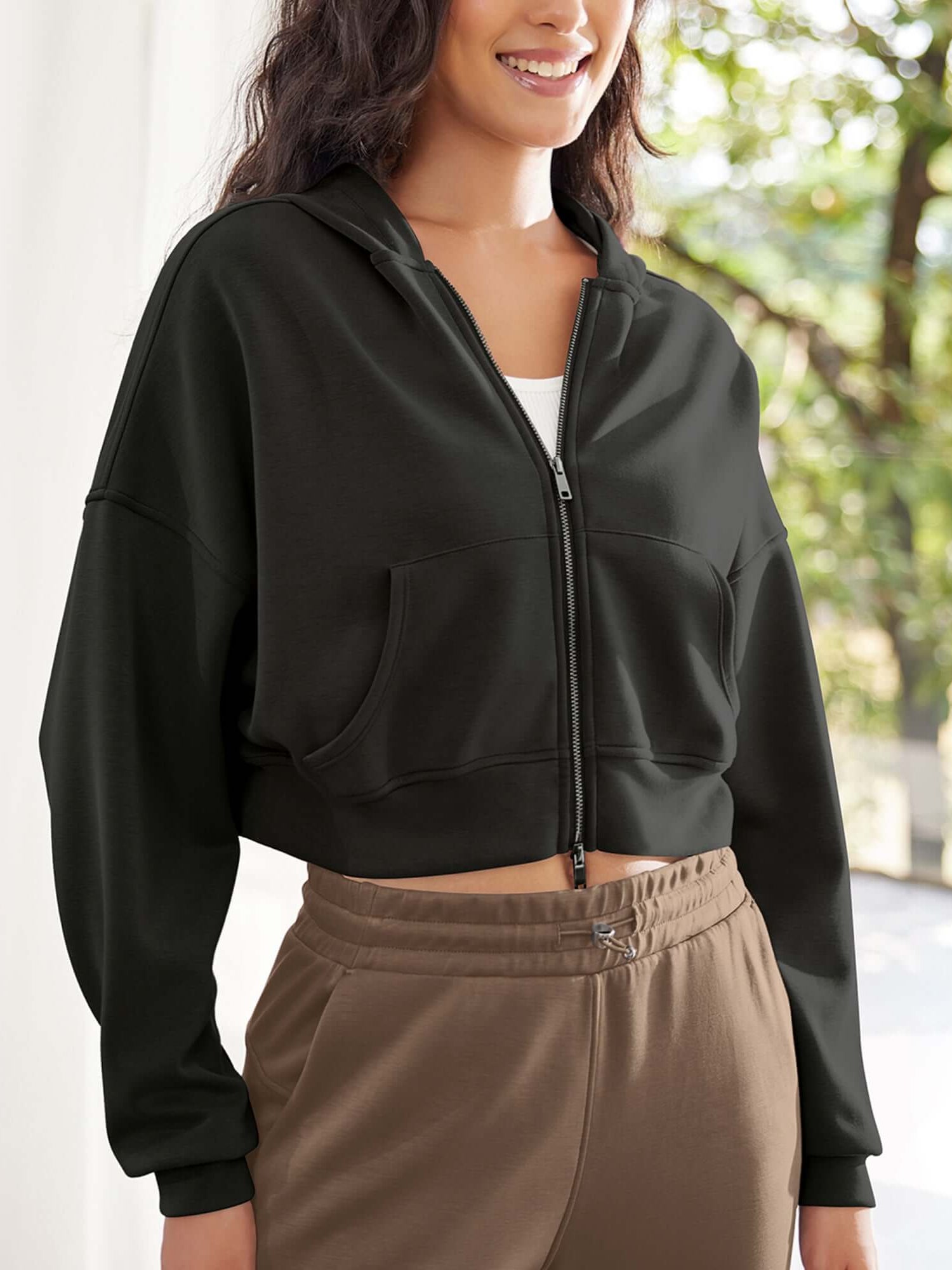 Full-Zip Cropped Long Sleeve Crop Casual Sweatshirts Jacket - ododos