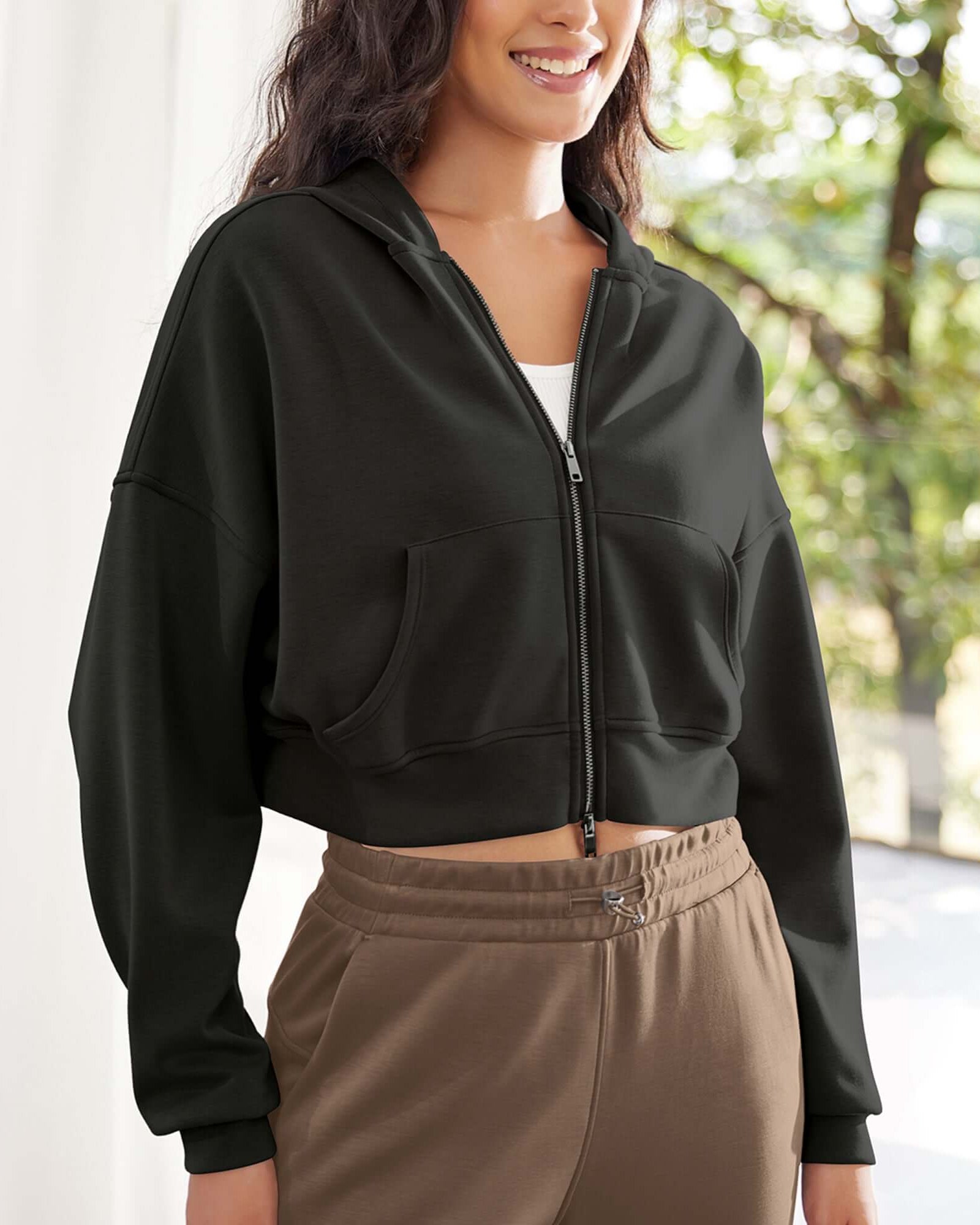 Full-Zip Cropped Long Sleeve Crop Casual Sweatshirts Jacket - ododos