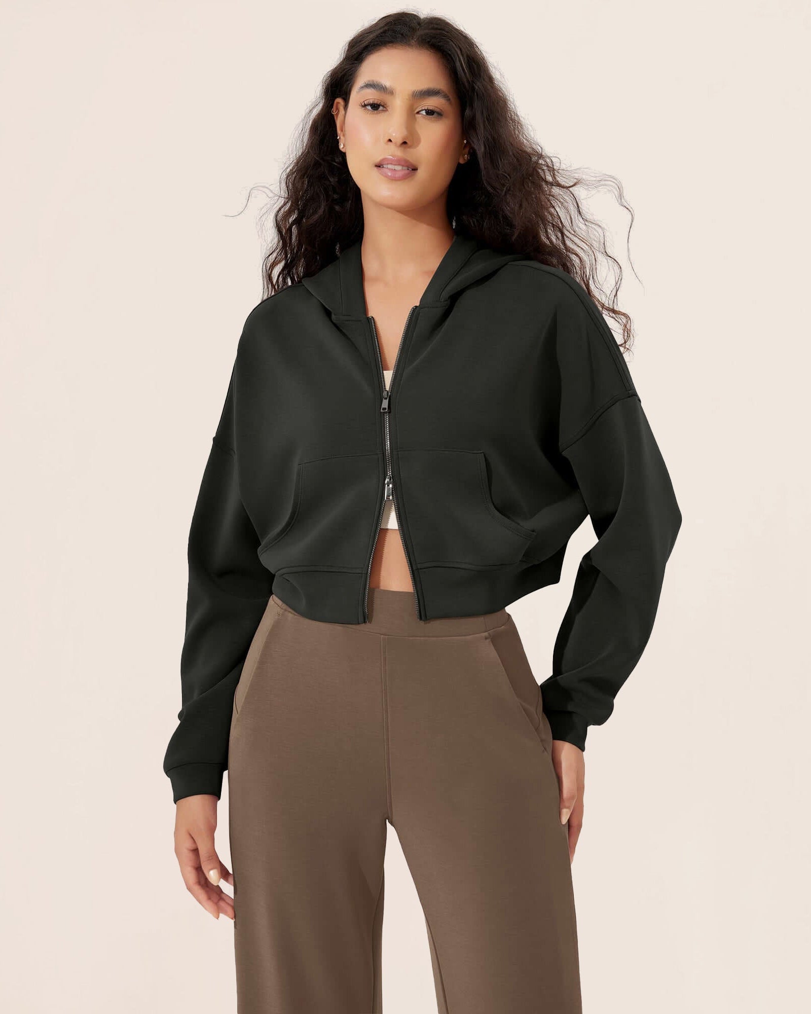 Full-Zip Cropped Long Sleeve Crop Casual Sweatshirts Jacket Black - ododos