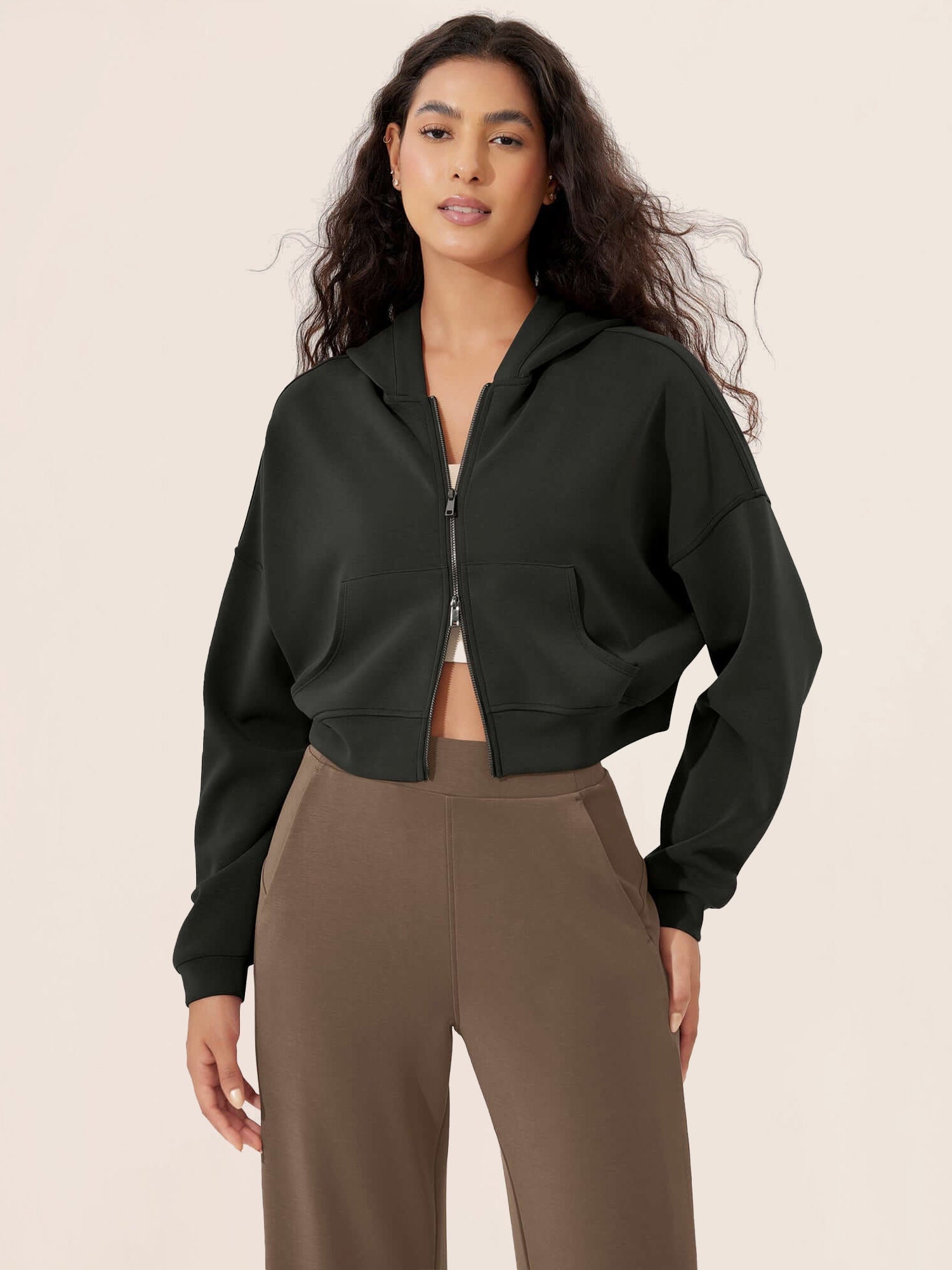 Full-Zip Cropped Long Sleeve Crop Casual Sweatshirts Jacket Black - ododos