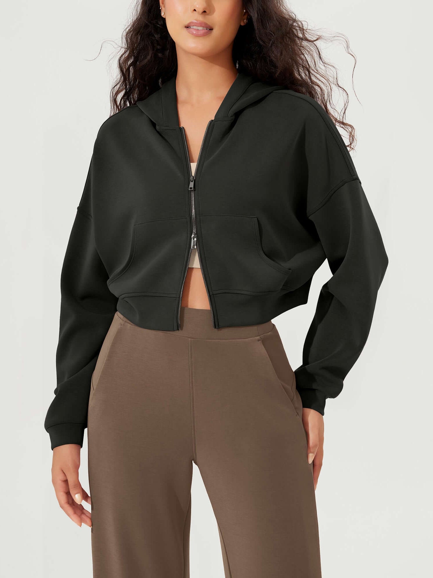 Full-Zip Cropped Long Sleeve Crop Casual Sweatshirts Jacket - ododos
