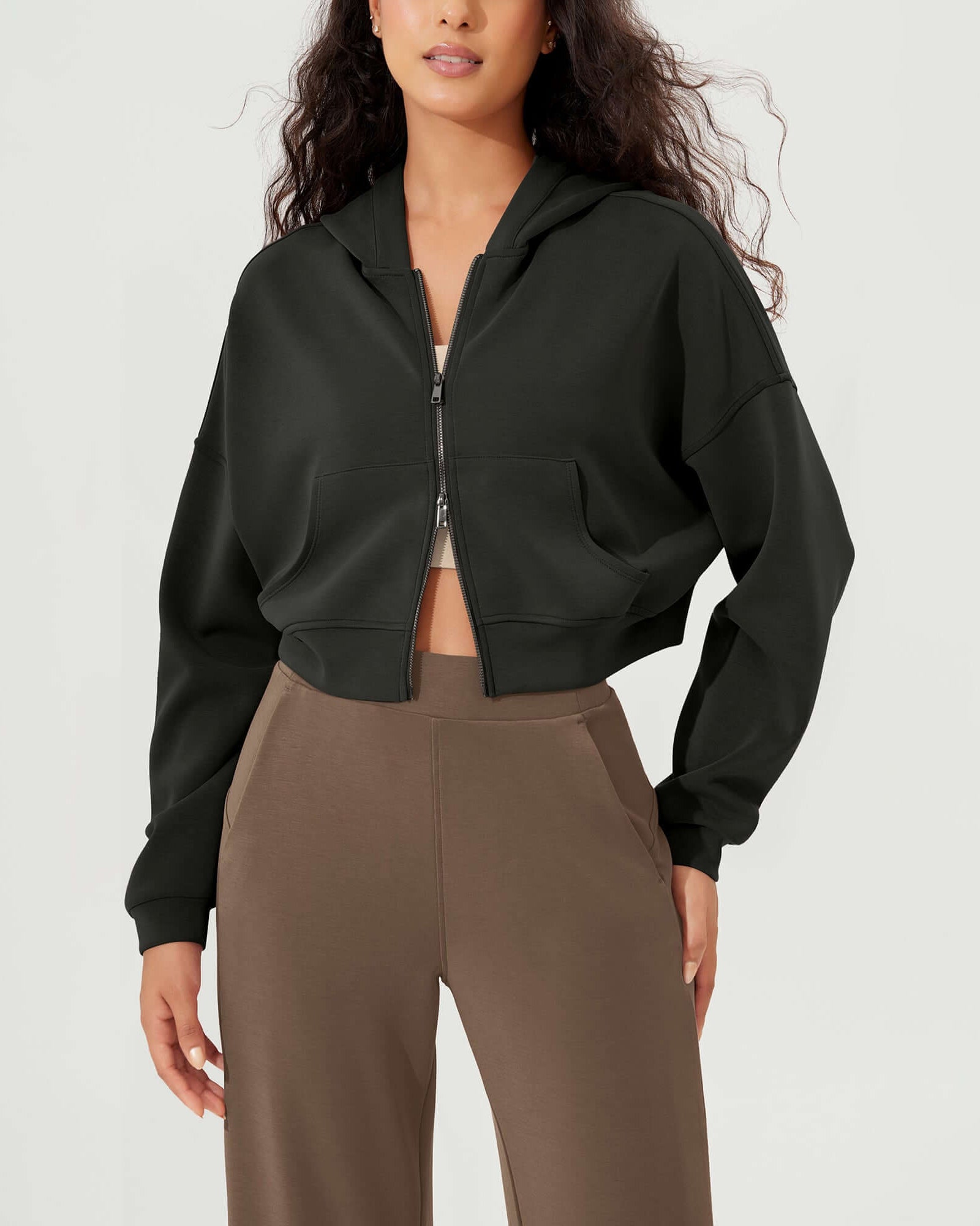 Full-Zip Cropped Long Sleeve Crop Casual Sweatshirts Jacket - ododos