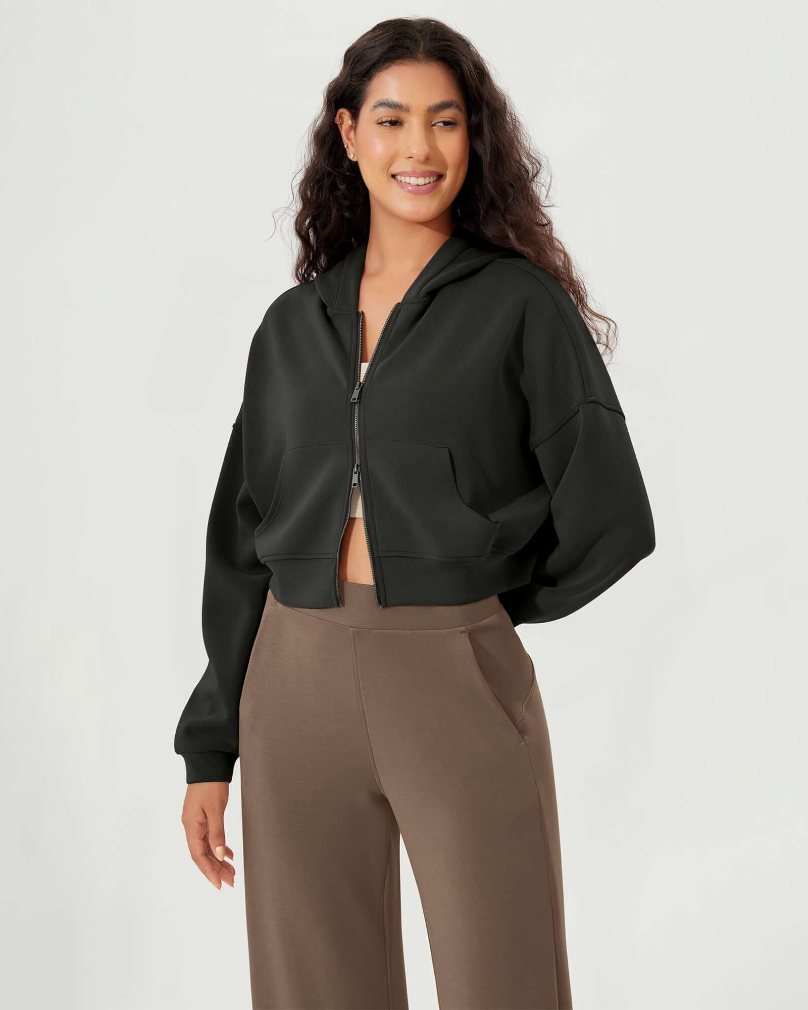 Full-Zip Cropped Long Sleeve Crop Casual Sweatshirts Jacket - ododos