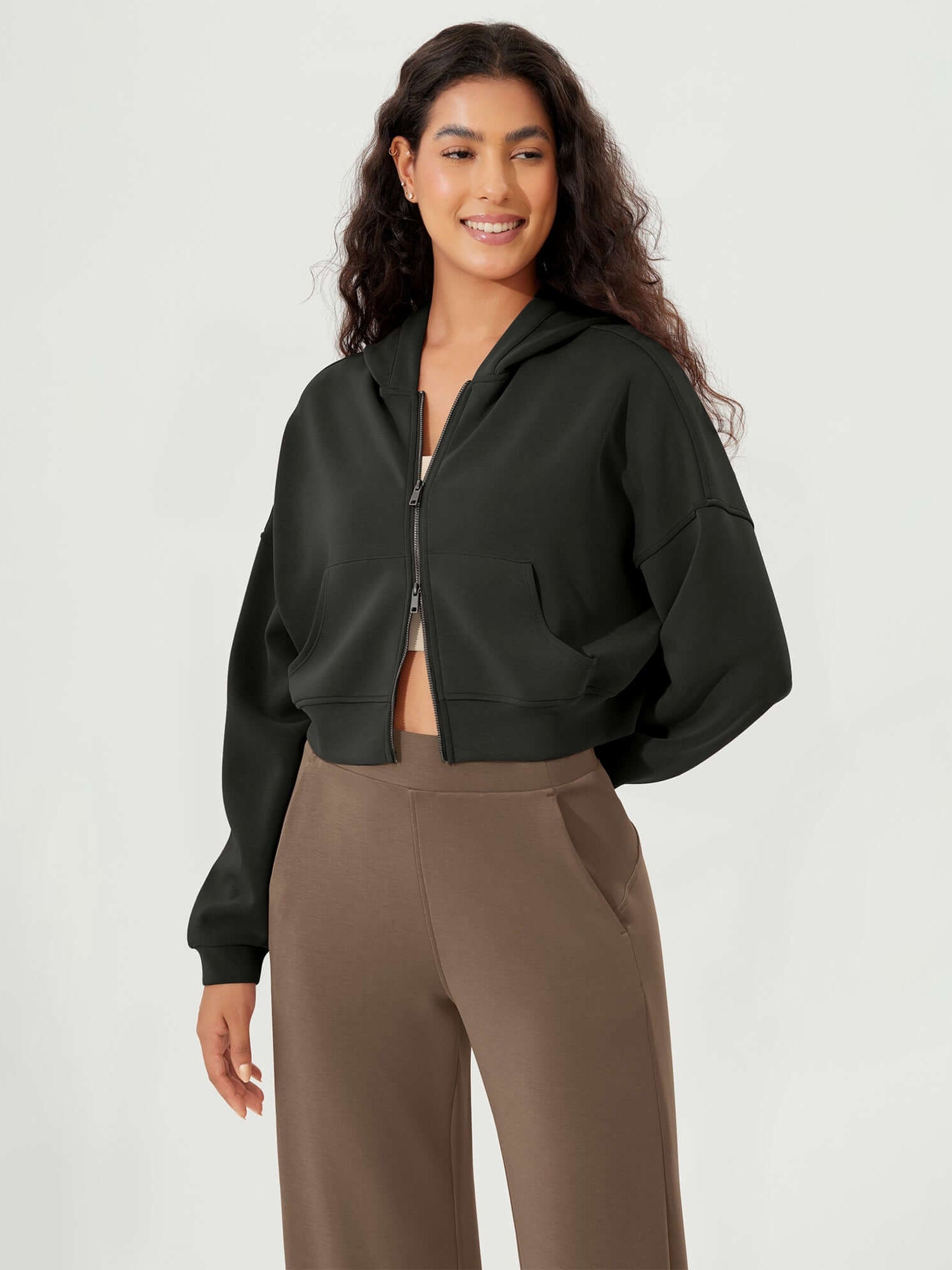 Full-Zip Cropped Long Sleeve Crop Casual Sweatshirts Jacket - ododos