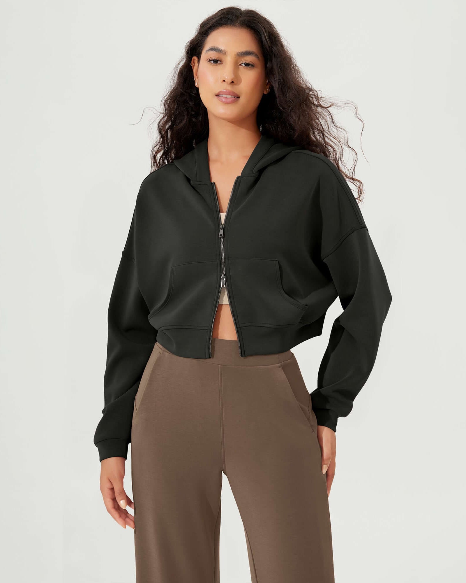 Full-Zip Cropped Long Sleeve Crop Casual Sweatshirts Jacket - ododos