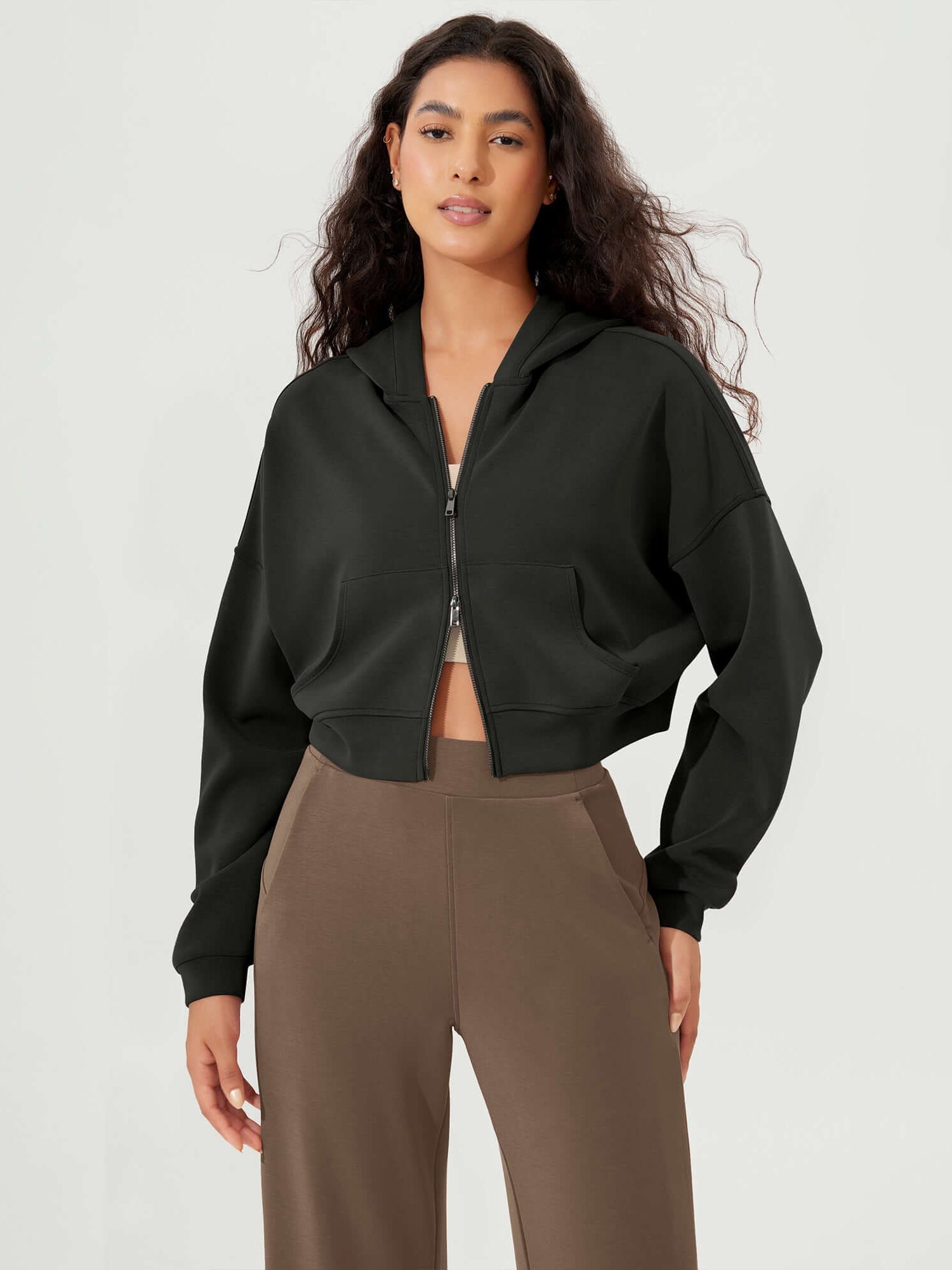 Full-Zip Cropped Long Sleeve Crop Casual Sweatshirts Jacket - ododos
