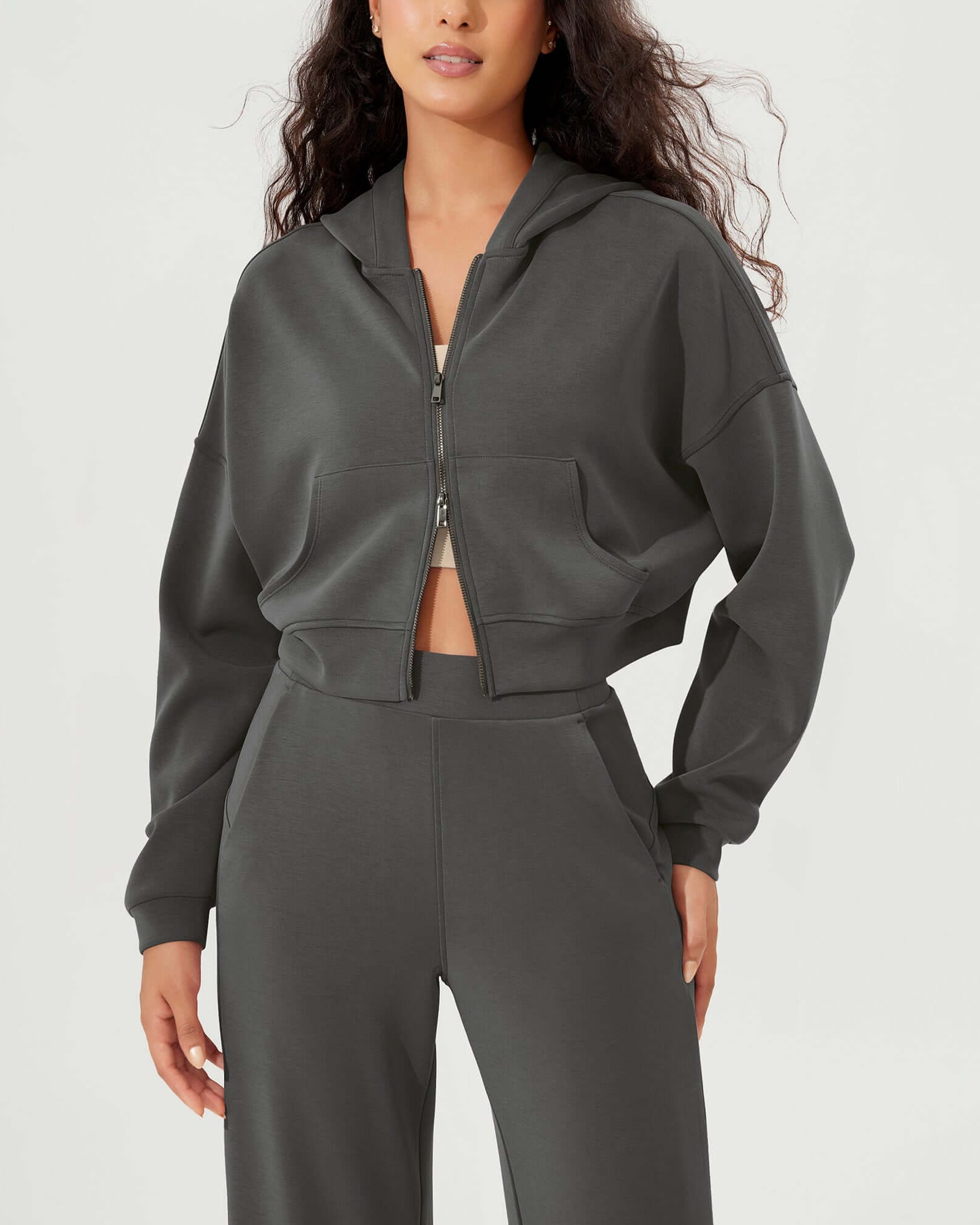 Full-Zip Cropped Long Sleeve Crop Casual Sweatshirts Jacket - ododos